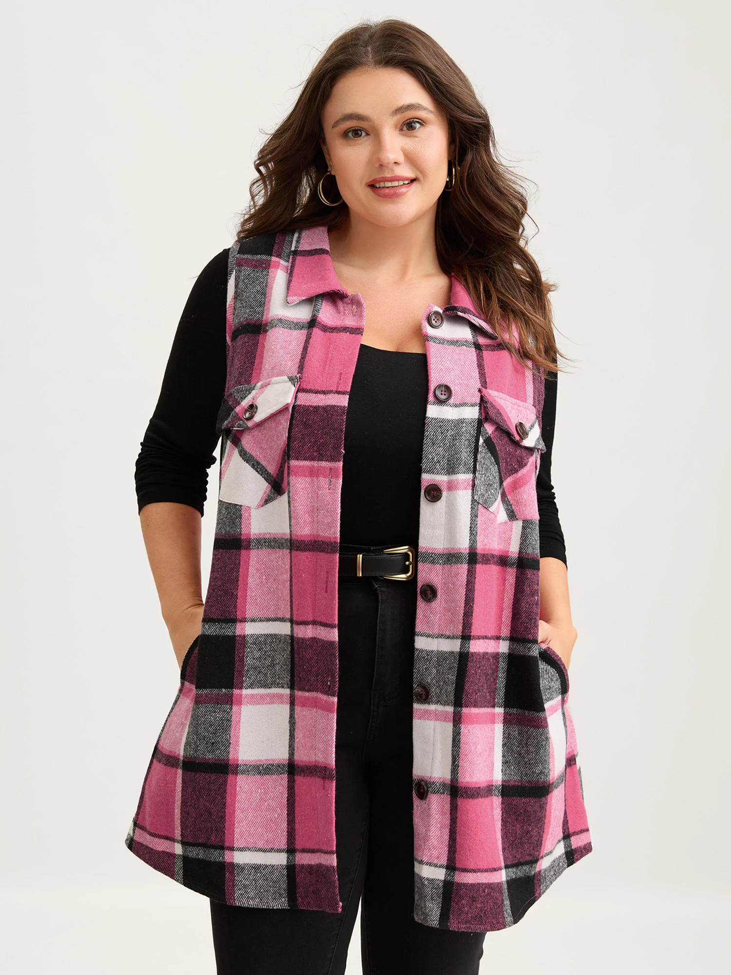 Plaid Flap Detail Sleeveless Jacket