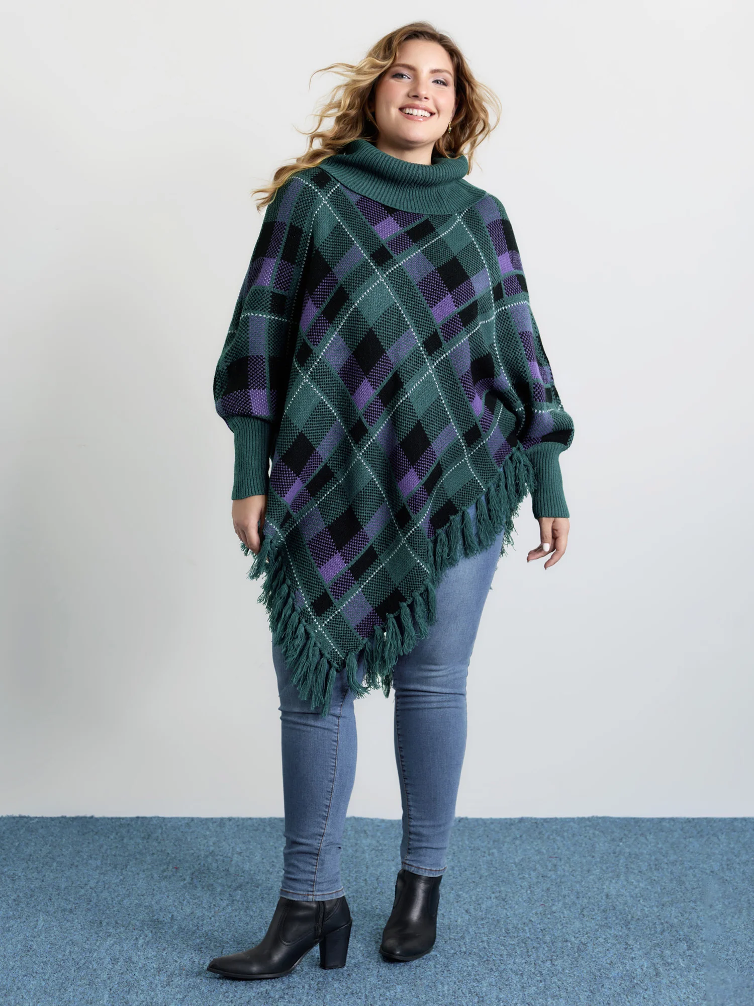 Holiday Plaid Turtleneck Fringe Hem Pullover