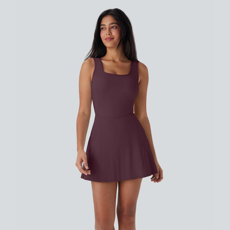 Women's U-Neck Backless Active Dress with Built-In Shorts