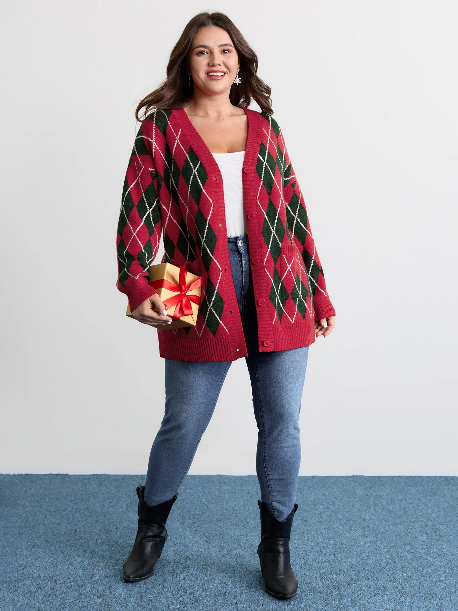 Holiday Checkered Jacquard Knit Cardigan