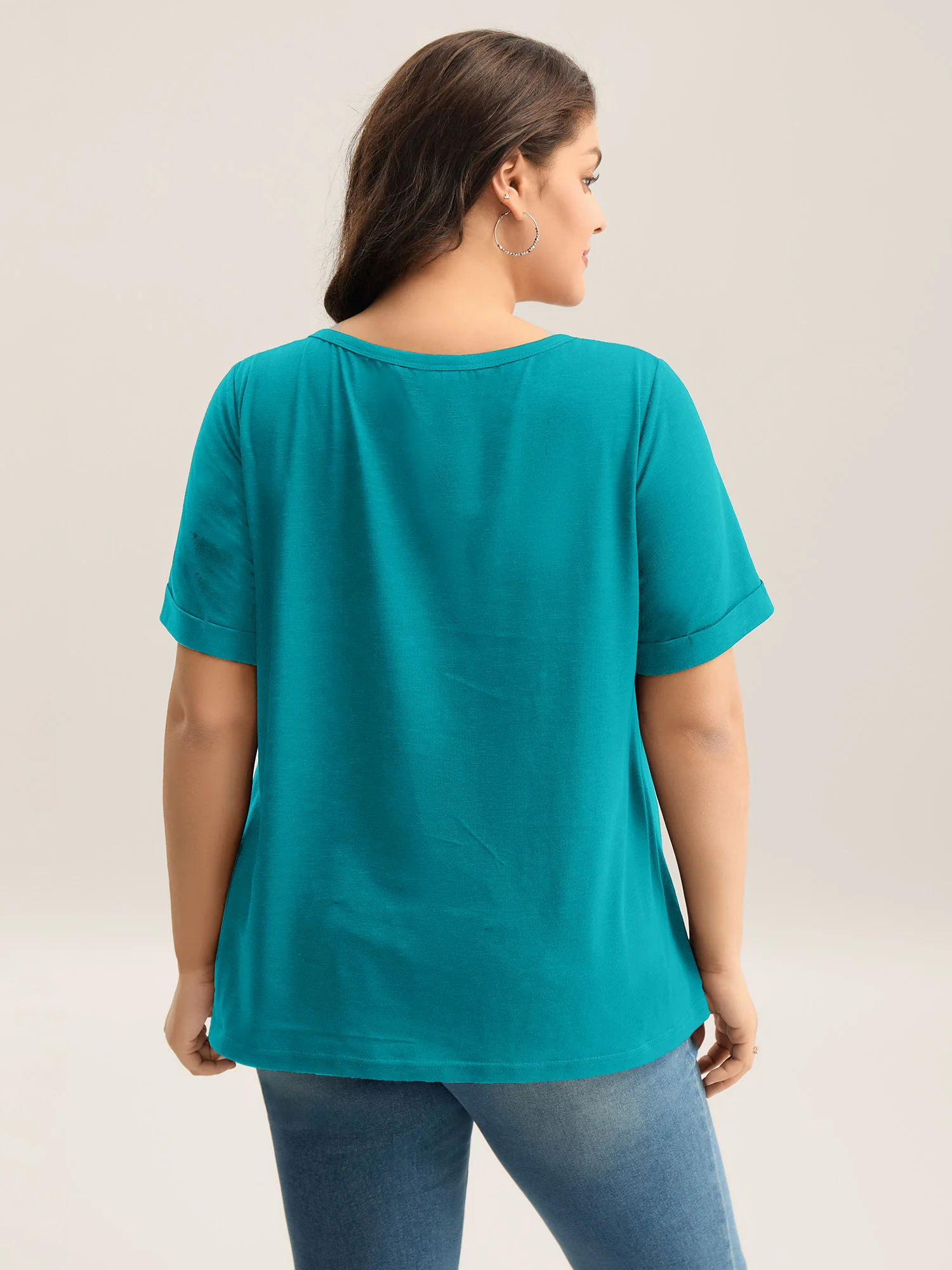 Solid Split Neck Button Detail T-Shirt