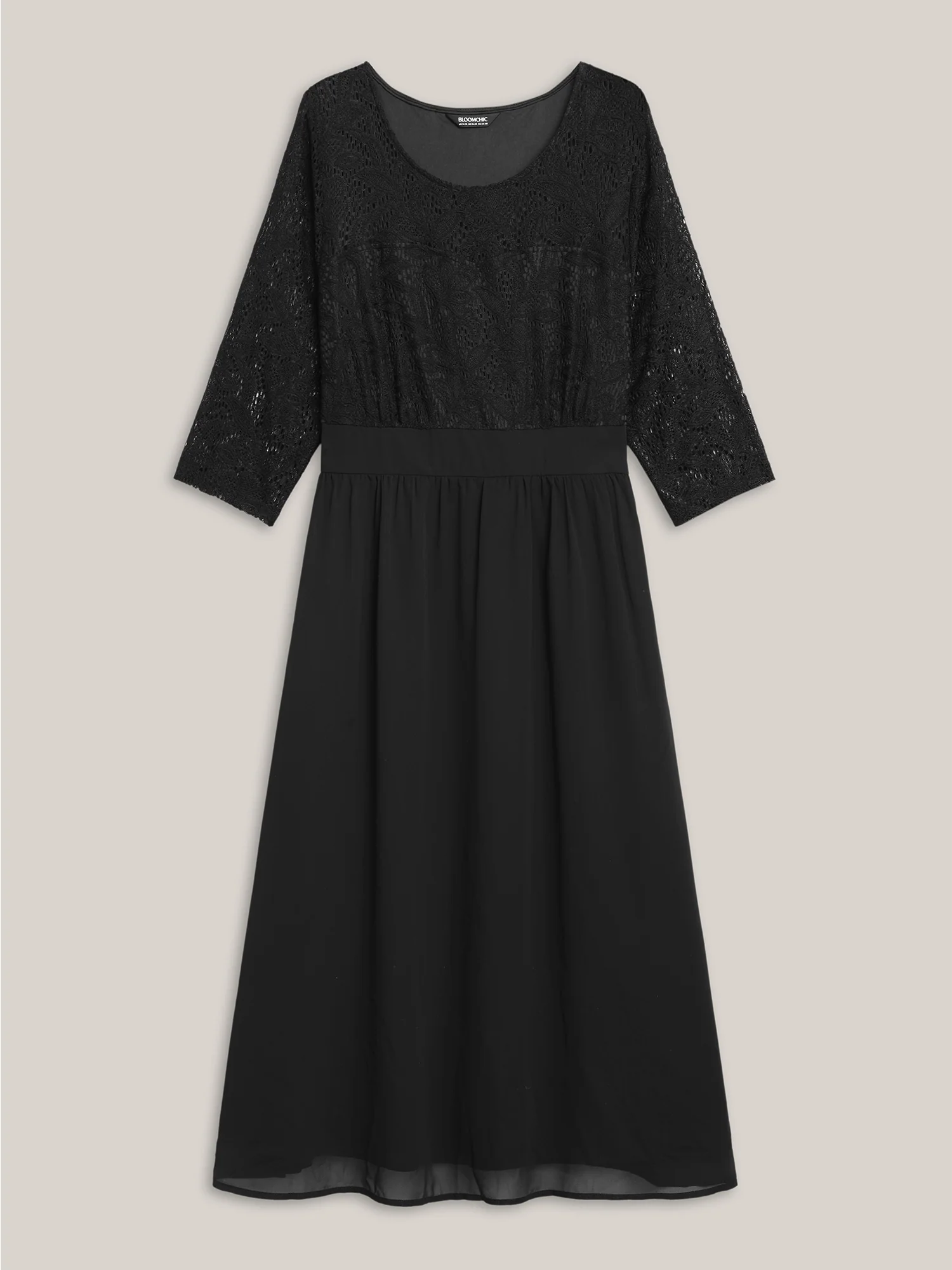 Lace Patchwork Shirred Midi Pocket Dress