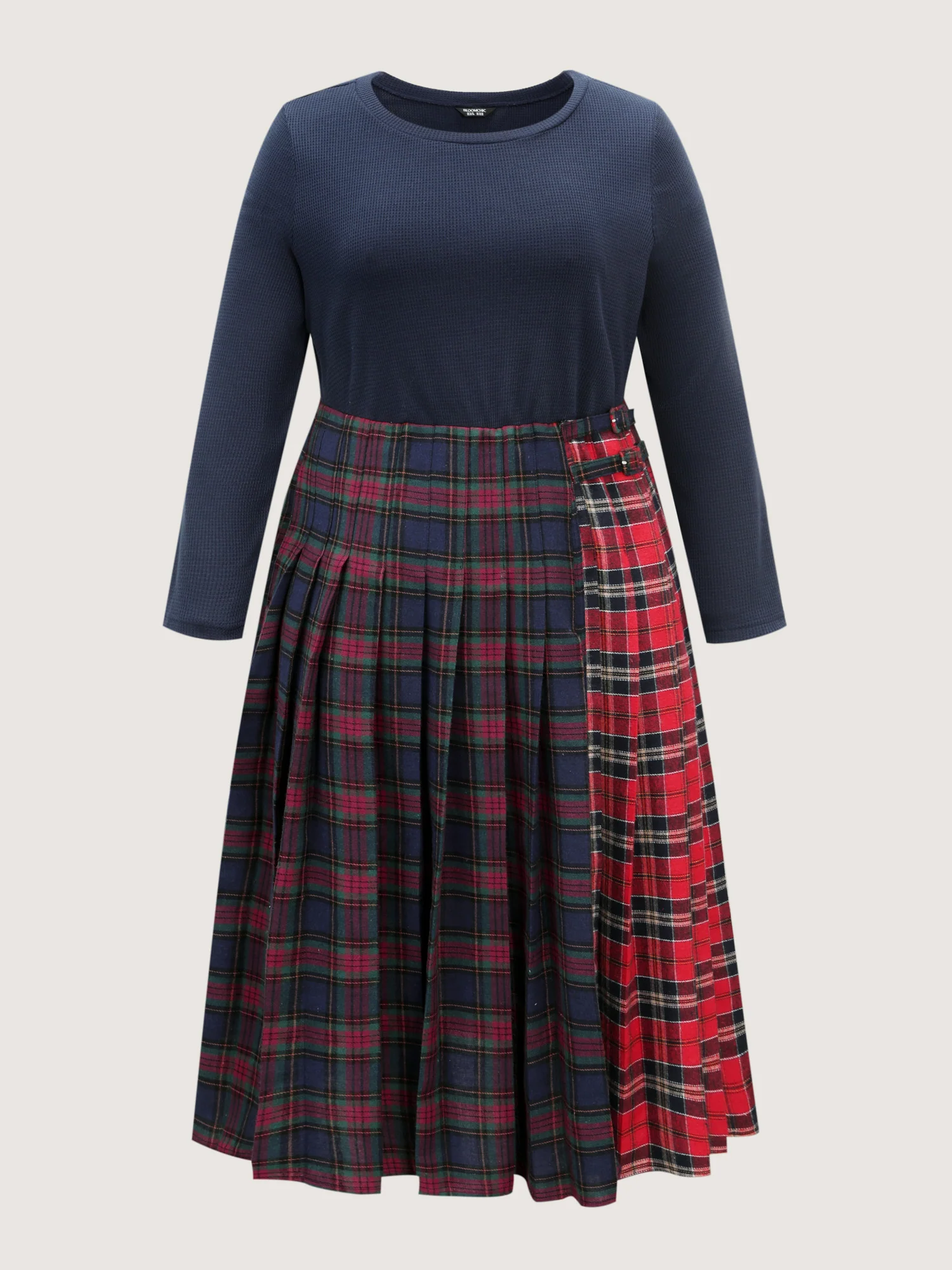 Plaid Waffle Color Contrast Midi Dress