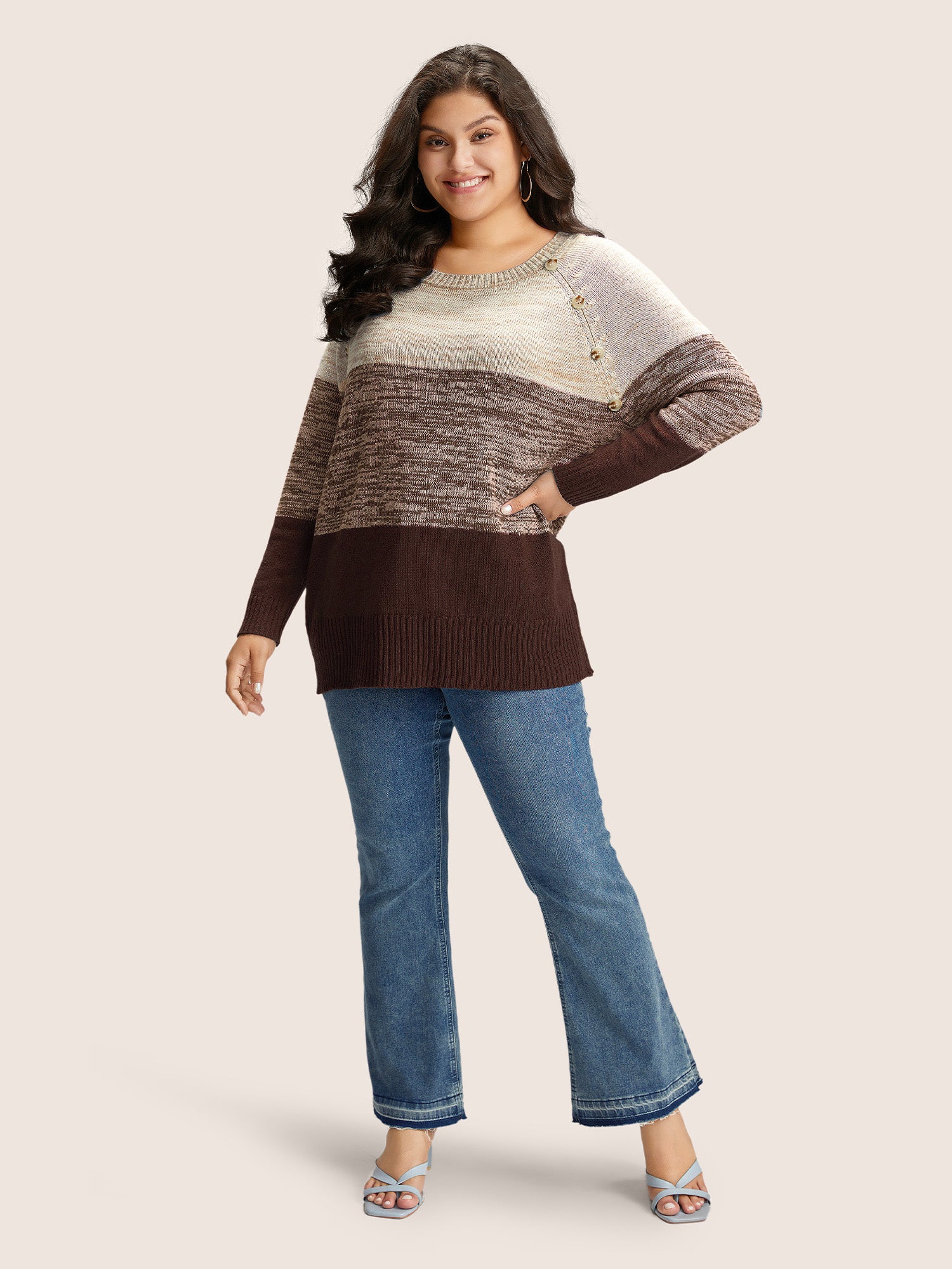 Colorblock Contrast Heather Button Detail Pullover