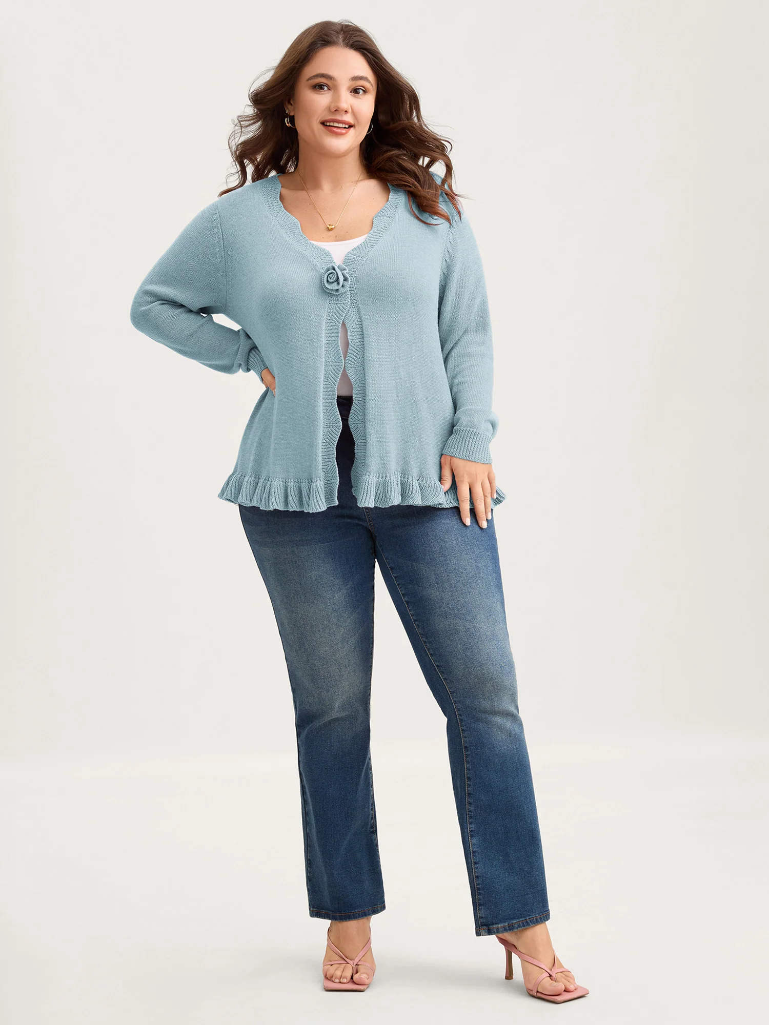 Supersoft Textured Floral Button Ruffled Hem Knit Cardigan