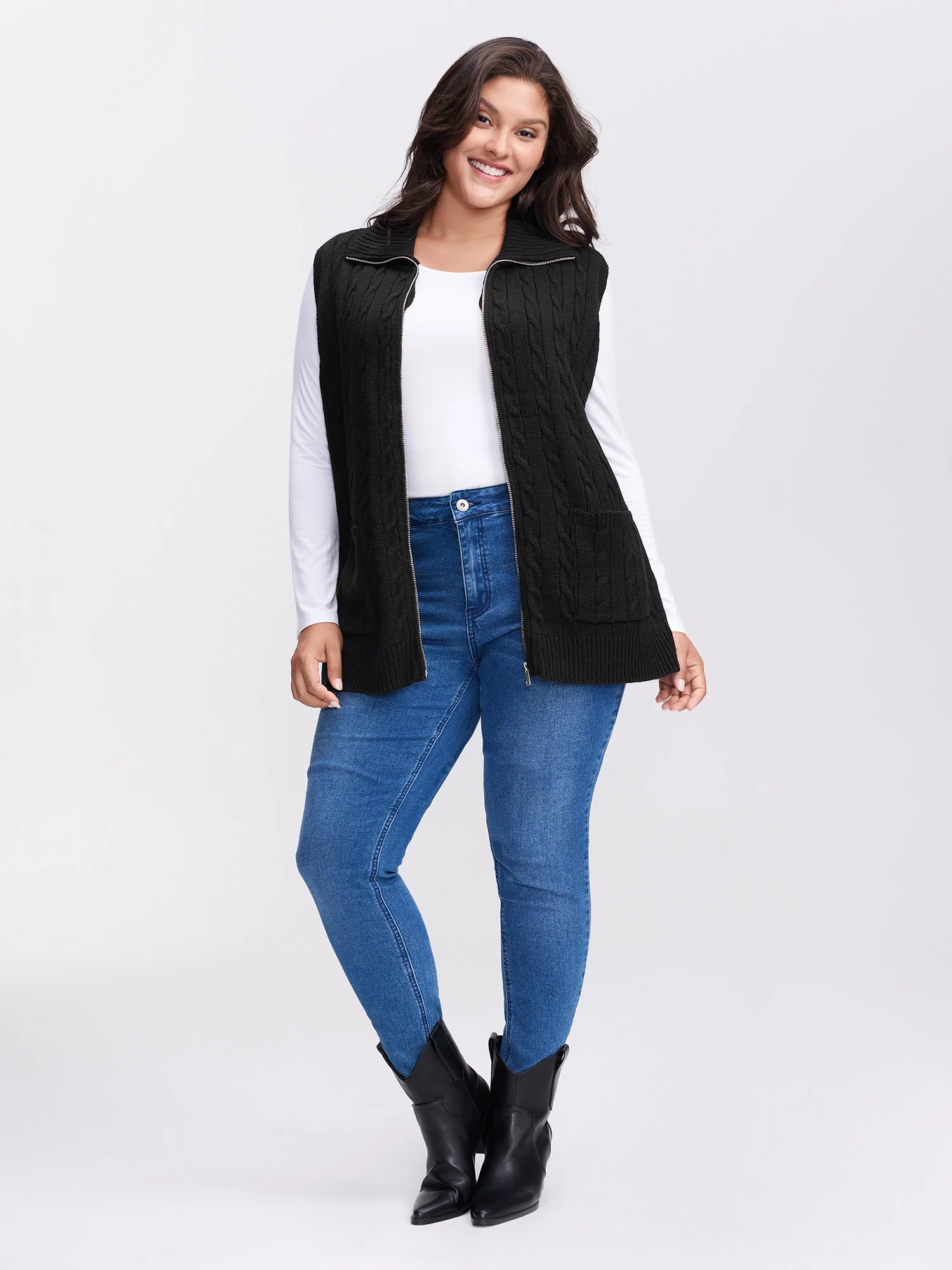 Cable Zipper Sleeveless Knit Cardigan