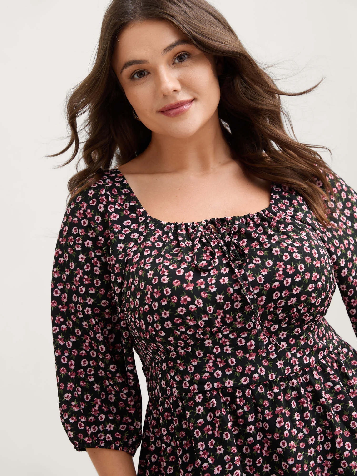 Floral Adjustable Drawstring Neck Shirred Blouse