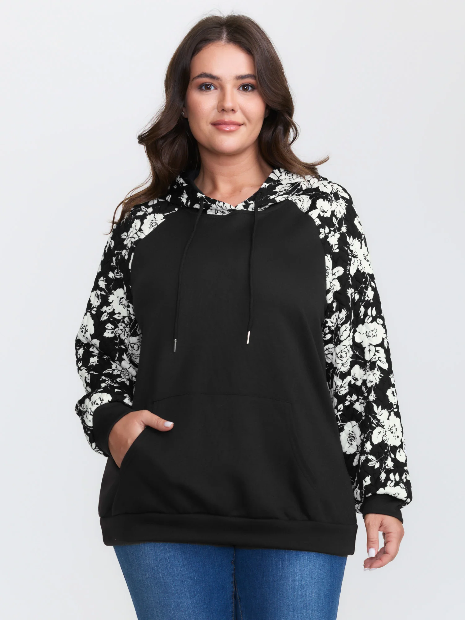 Floral Contrast Textured Pockets Hoodie