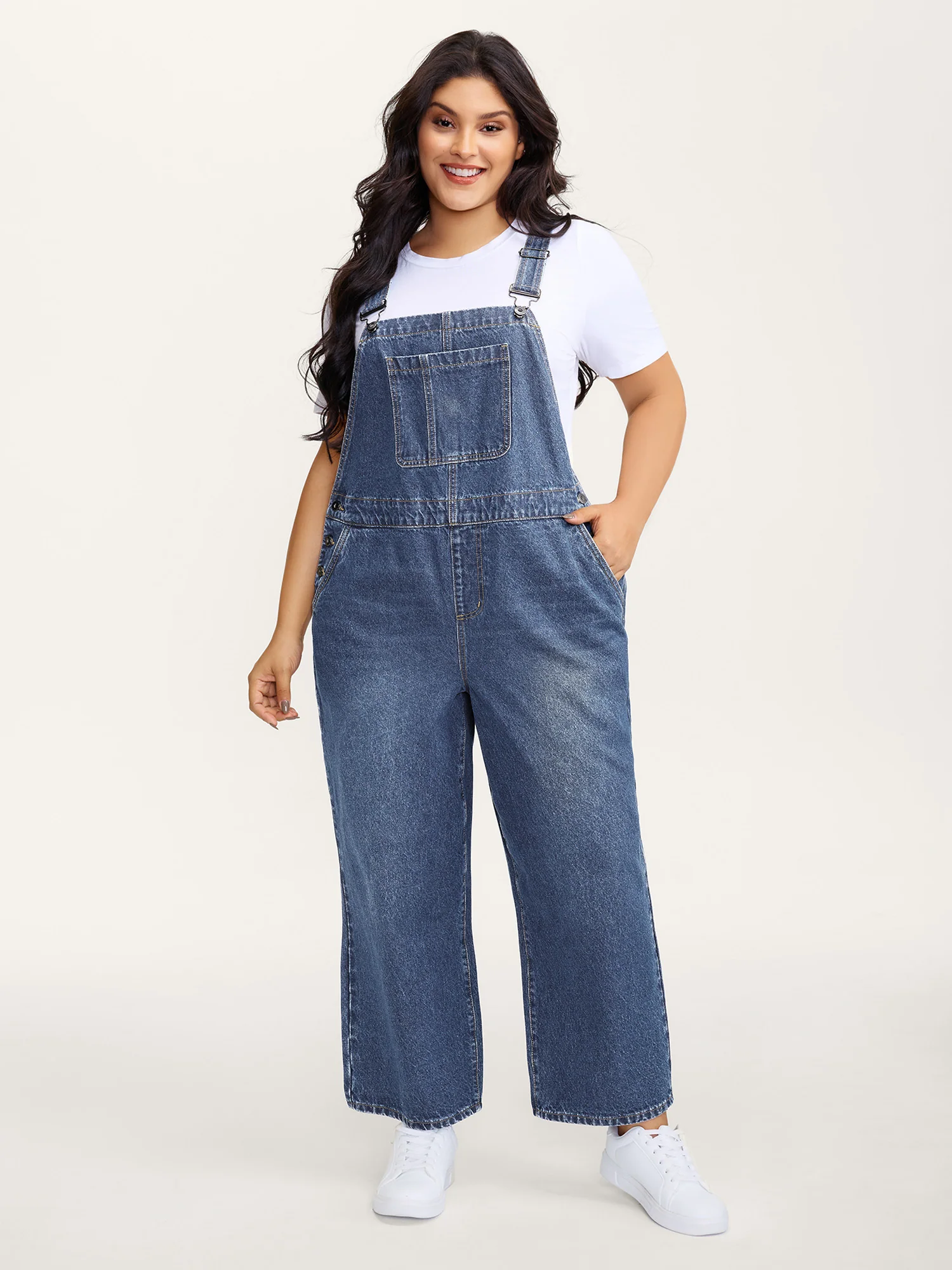 Cotton Relaxed-Fit Side Button Overall Denim Jumpsuit