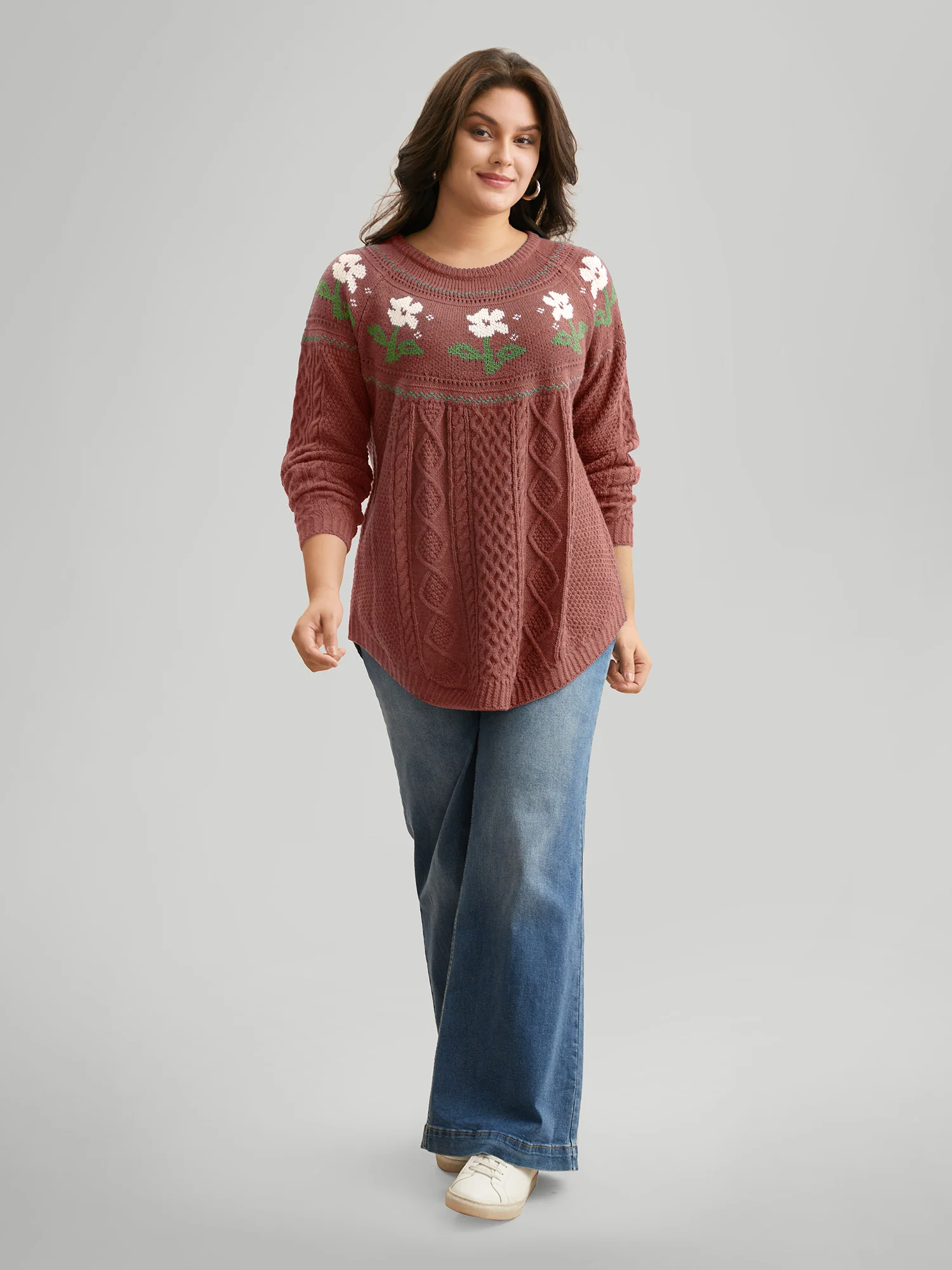 Floral Jacquard Raglan Sleeve Pullover