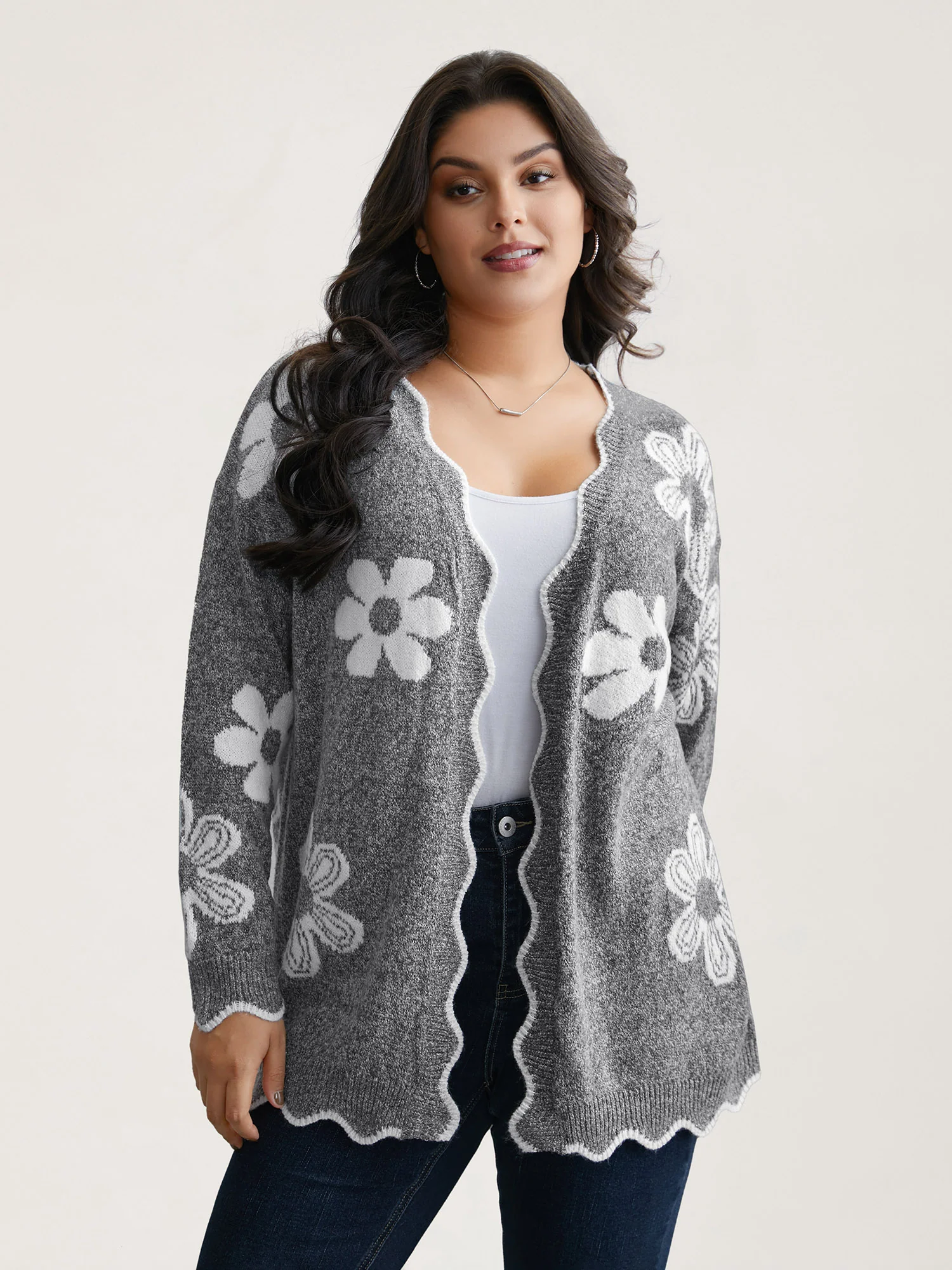 Floral Pattern Open-Front Knitted Cardigan