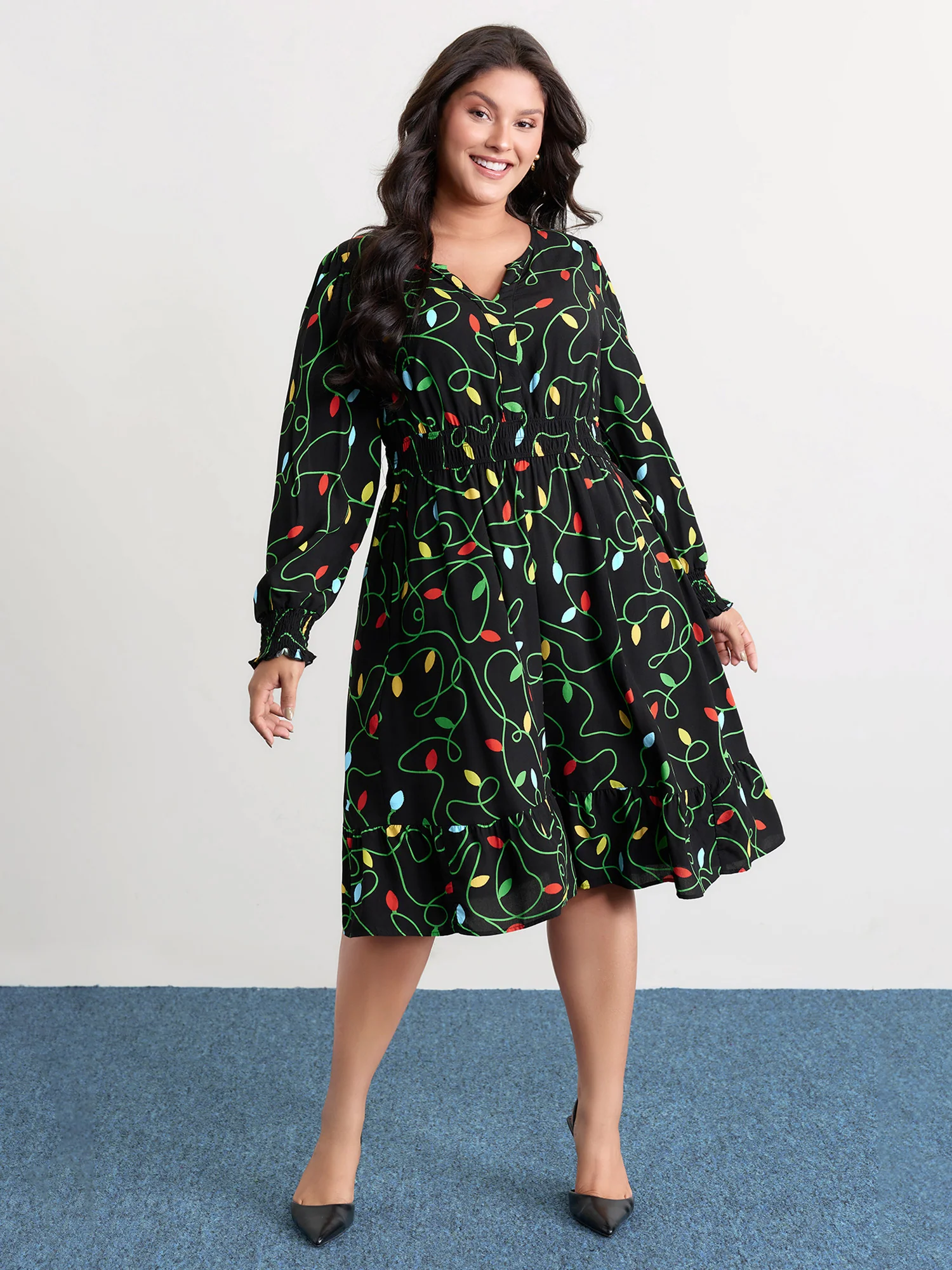 Holiday Lights Triple Elastic Waistband Midi Dress