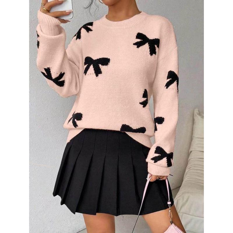 🔥Last day promotion⚡Fashion Bow Print Casual Loose Knitted Sweater Pullover Autumn/Winter Women Pullovers New O-Neck Full Sleeve Knit Sweater