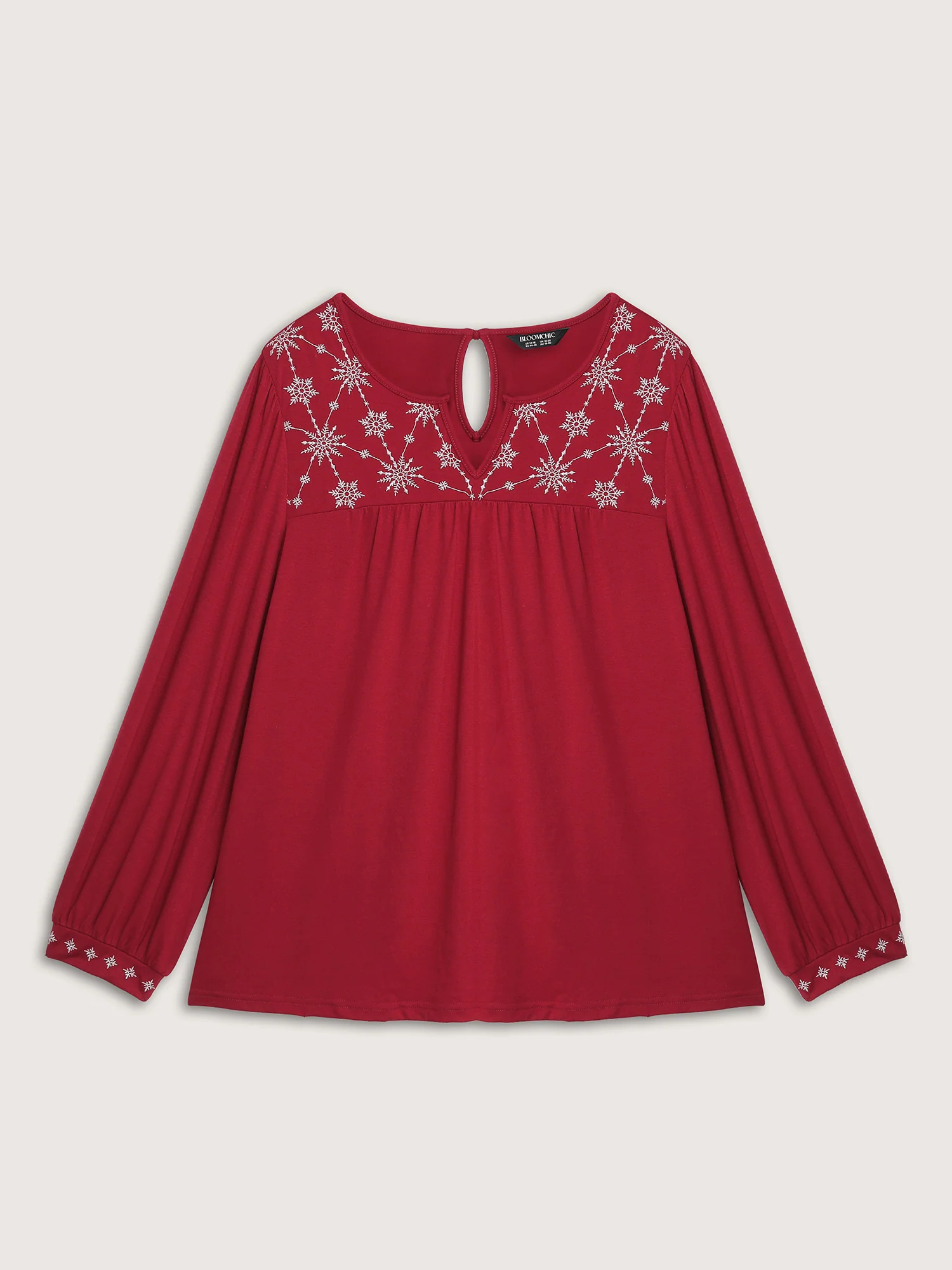 Holiday Embroidered Neckline Pleated Knit Top