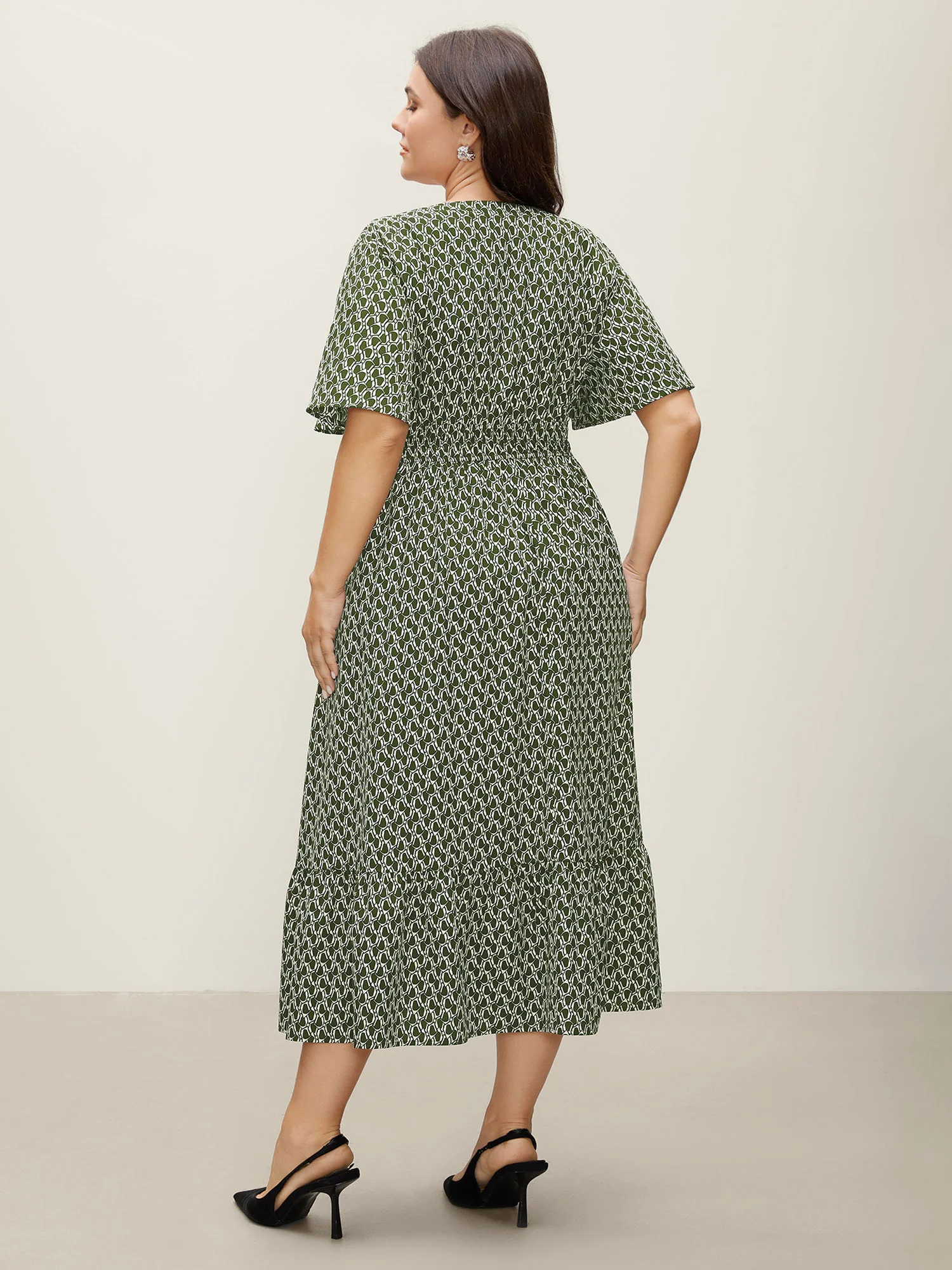 Geometric Print Waist-Cinched Tiered Midi Dress