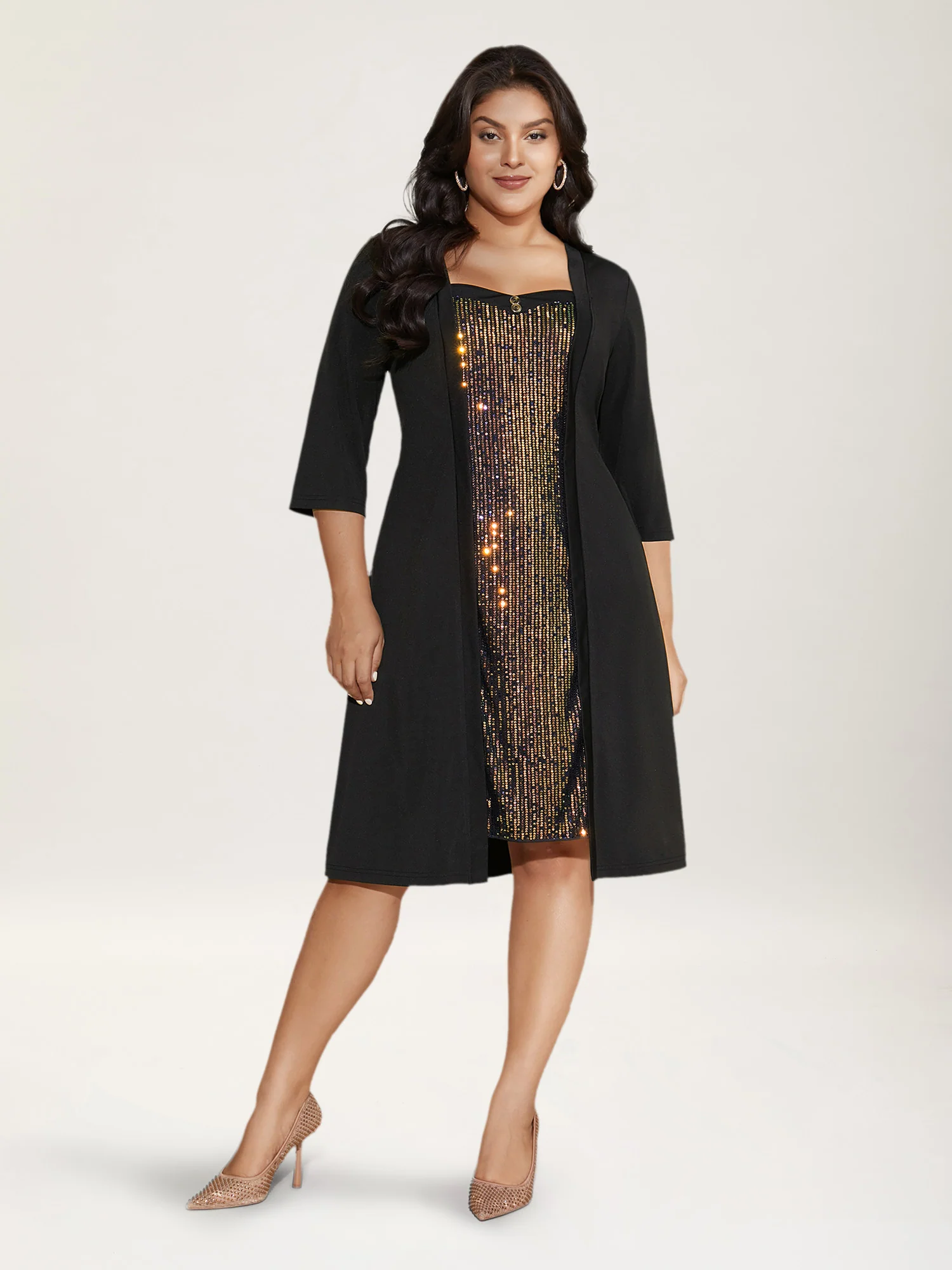 Heart Neckline Patchwork Sequin Button Detail Dress