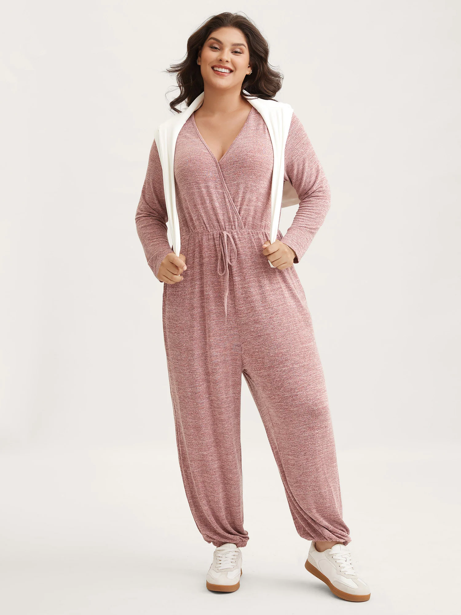 Elastic Waist Overlap Collar Lounge Jumpsuit