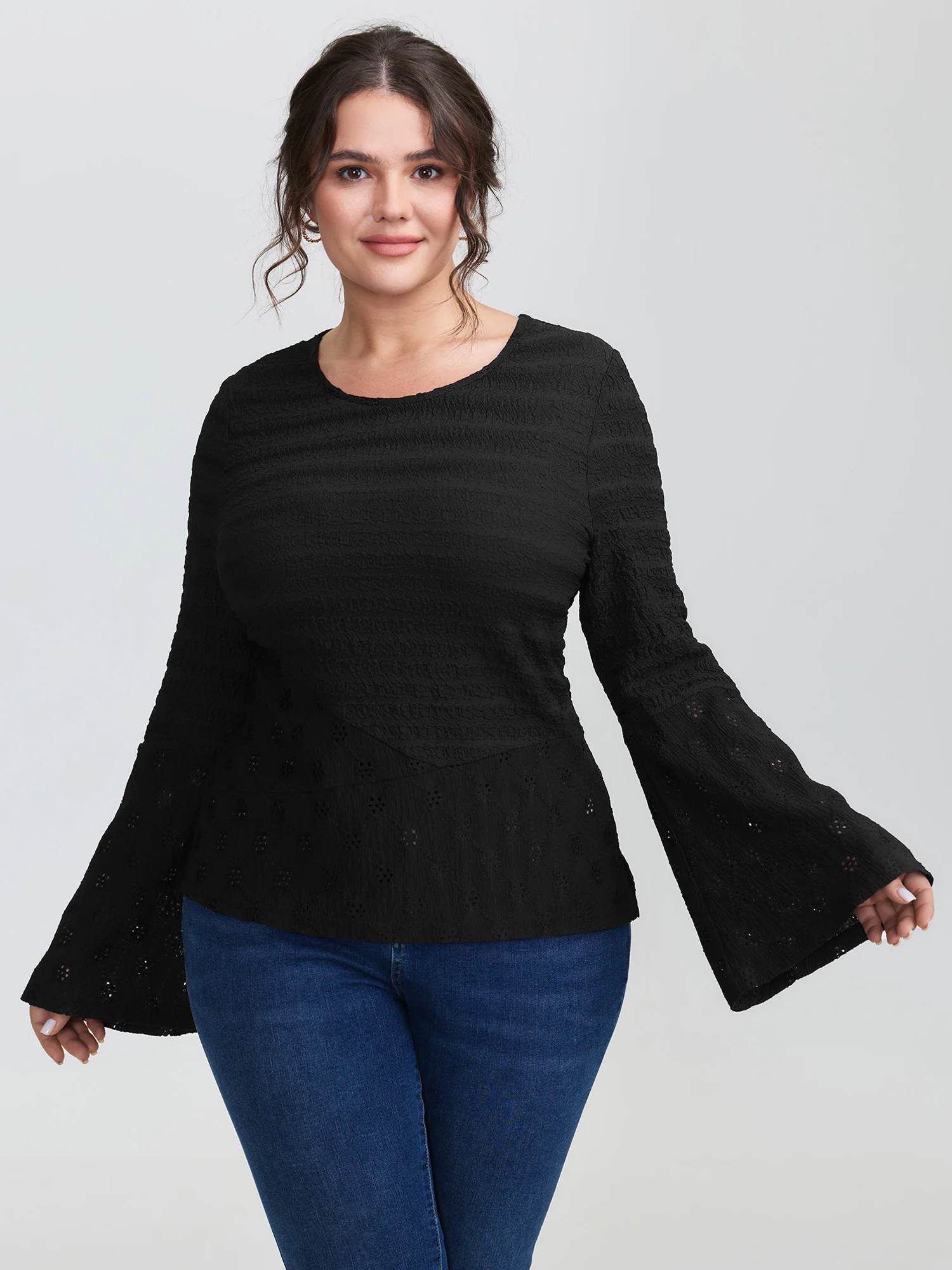 Floral Cut Out Flared Sleeve Knit Top