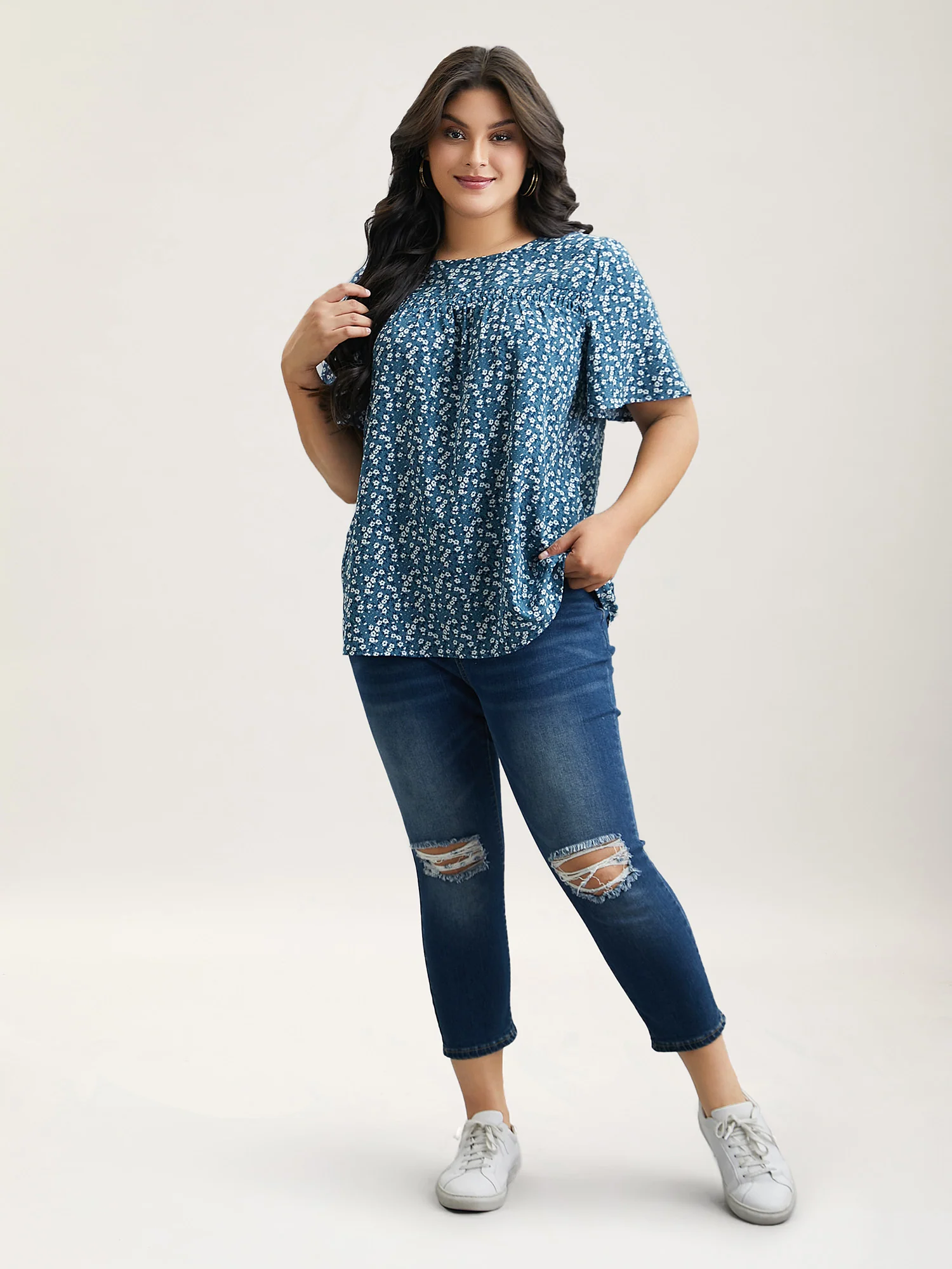 Floral Ruffle Sleeve Gathered Round Neck Blouse