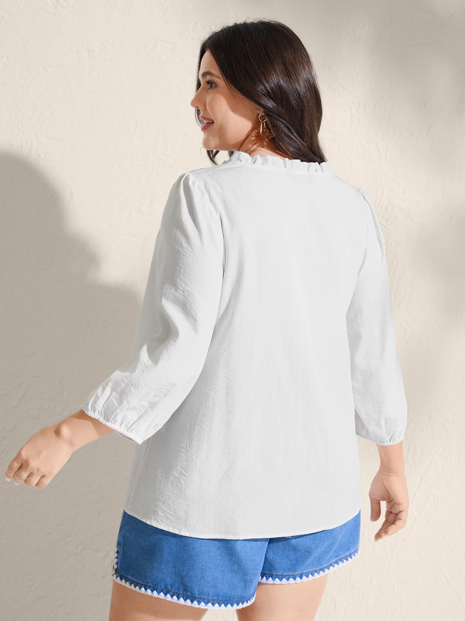 Boho Embroidered Neckline Ruffled Neck Blouse