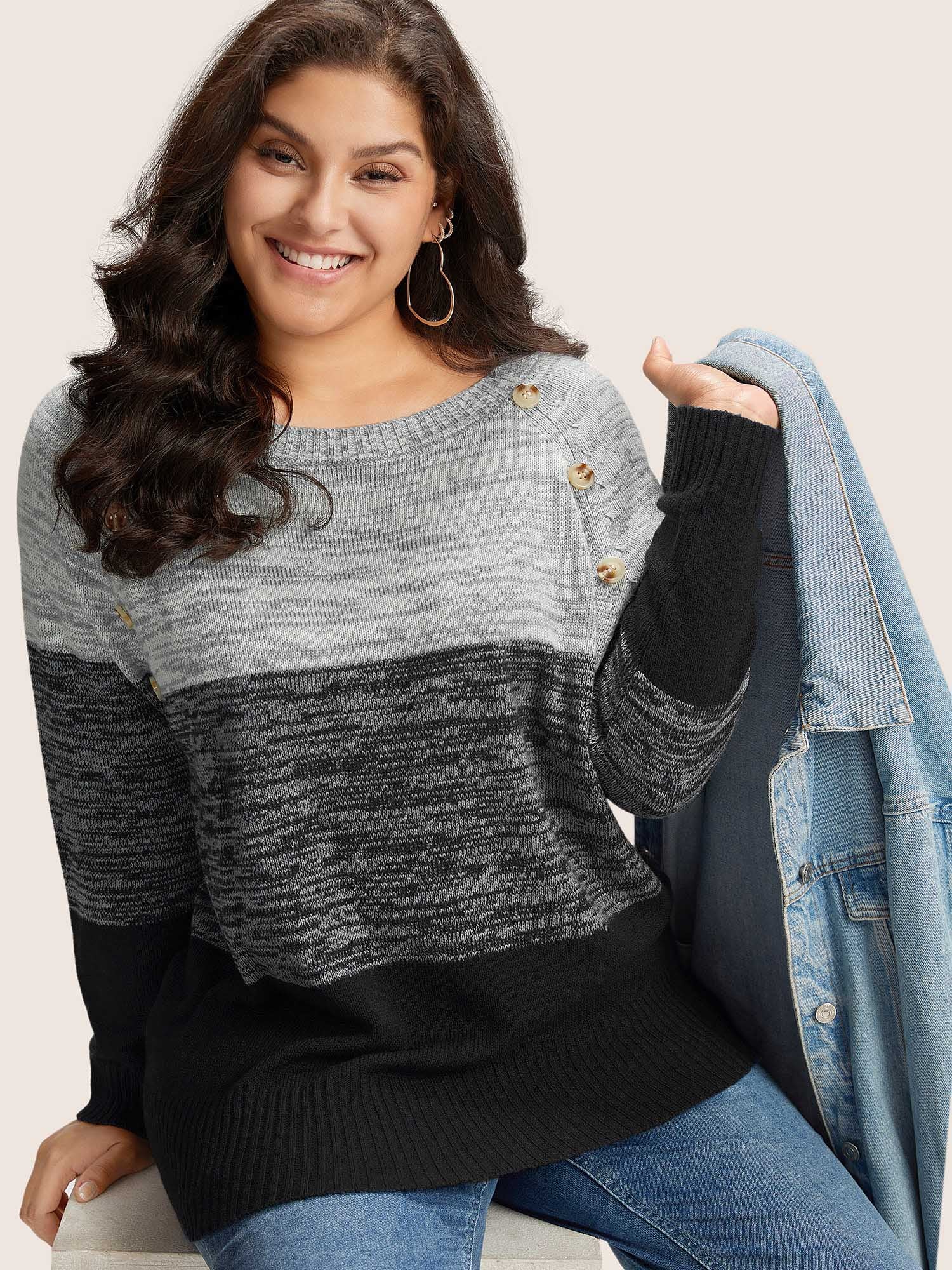 Colorblock Contrast Heather Button Detail Pullover