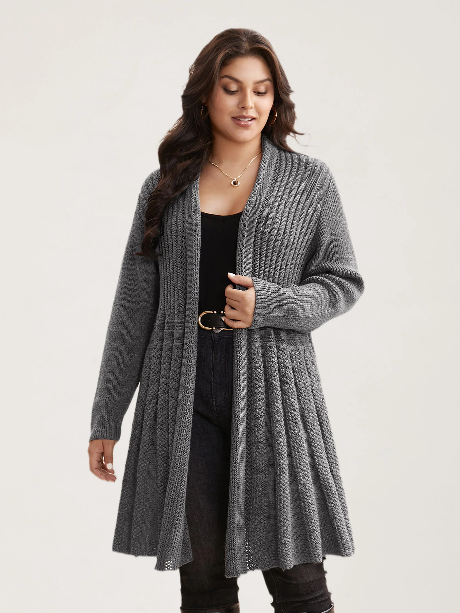 Plain Textured Kimono Collar Cardigan