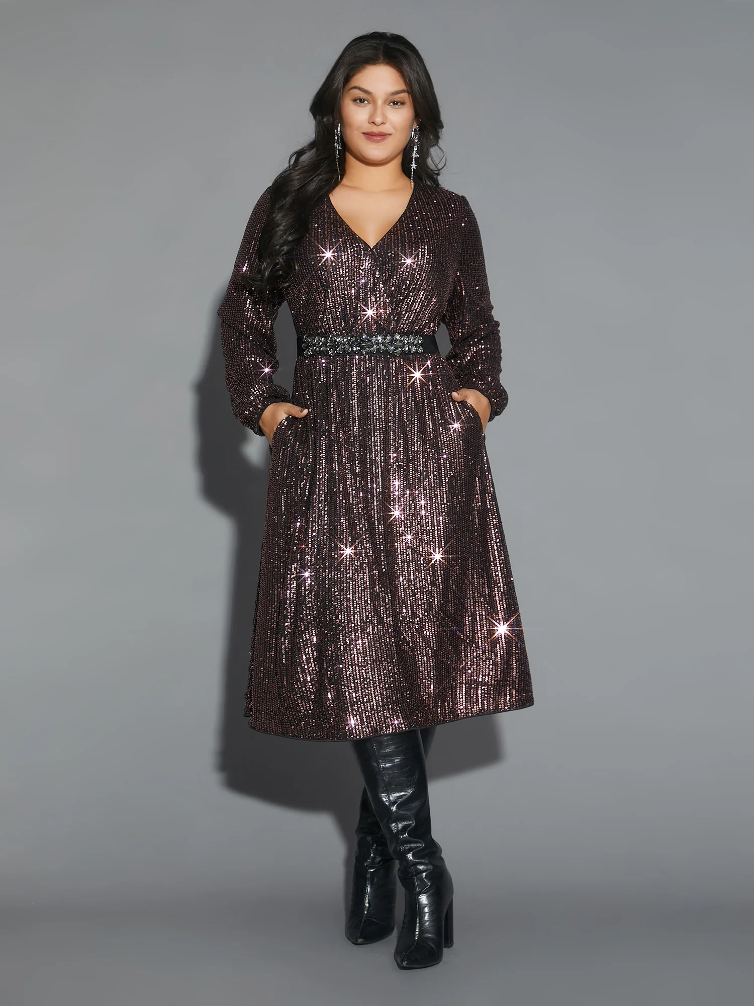 Solid Pocket Lantern Sleeve Wrap Sequin Dress