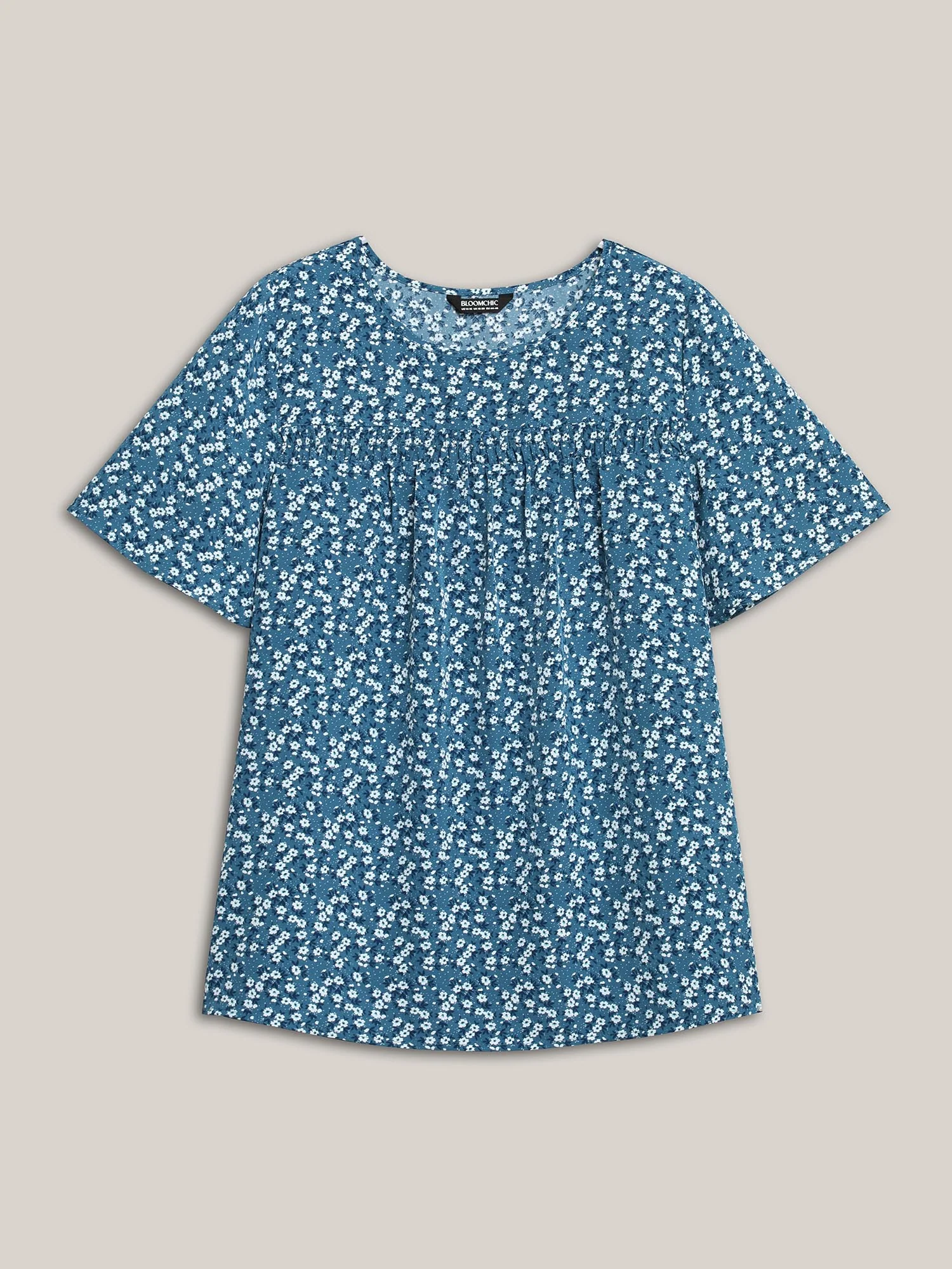 Floral Ruffle Sleeve Gathered Round Neck Blouse