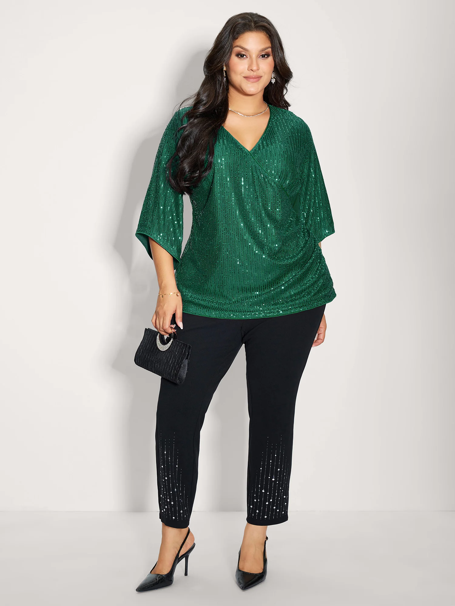 Shimmery Sequin Gathered Flared Sleeve Blouse