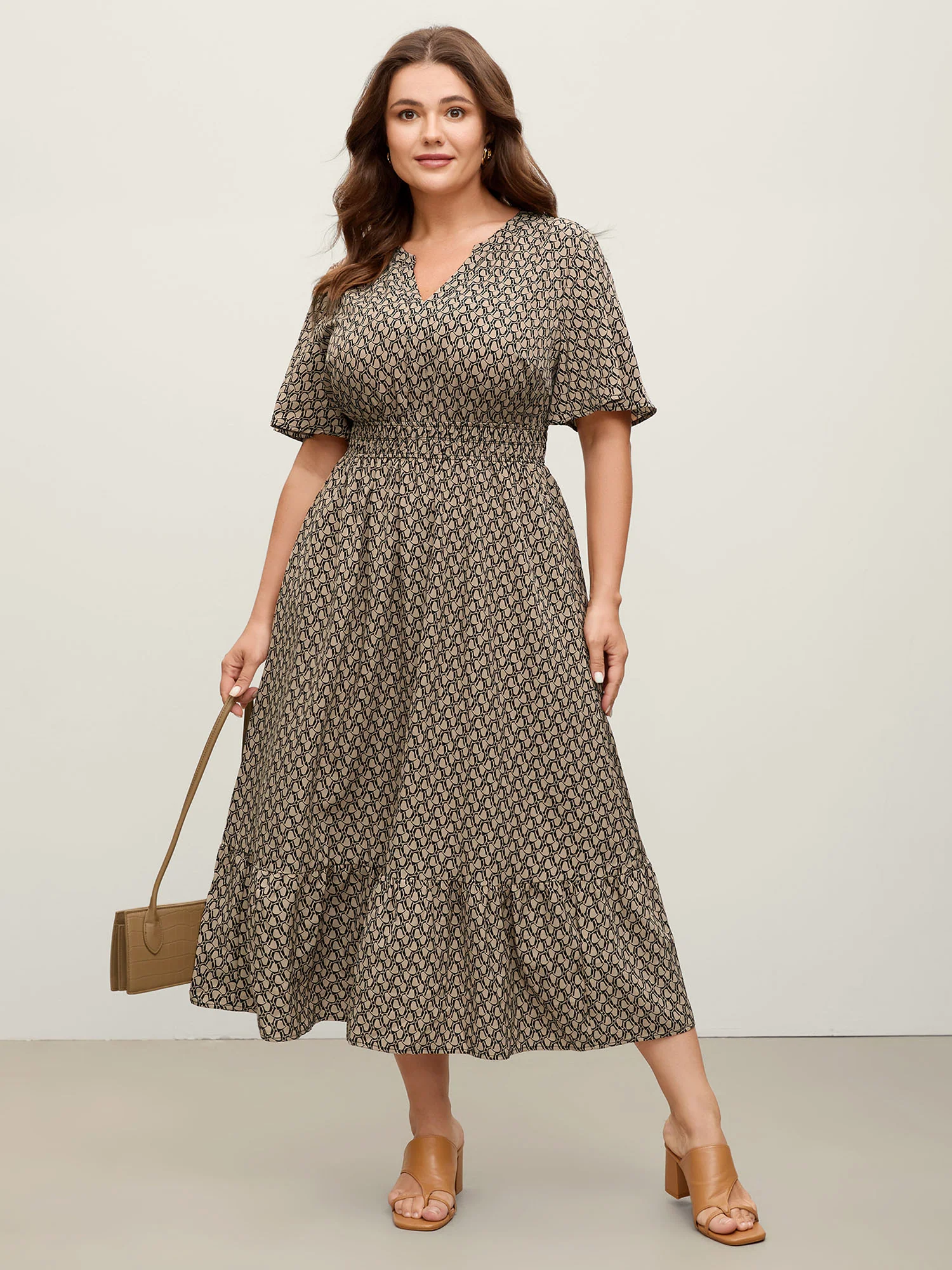 Geometric Print Waist-Cinched Tiered Midi Dress