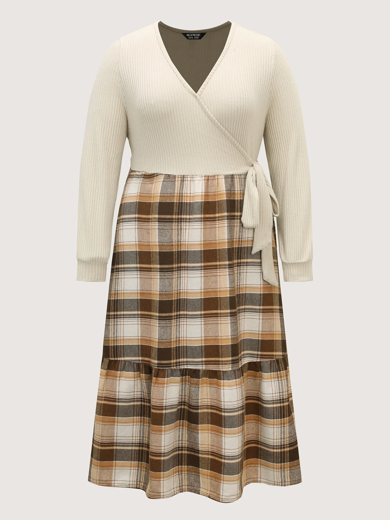 Plaid Contrast Wrap Neckline Midi Dress
