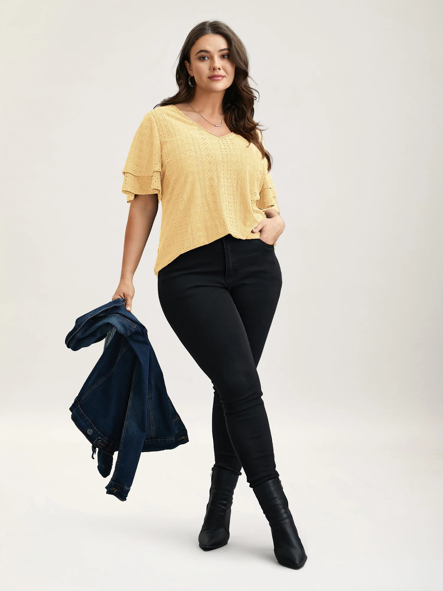 Jacquard Textured Lotus Leaf Sleeve Top