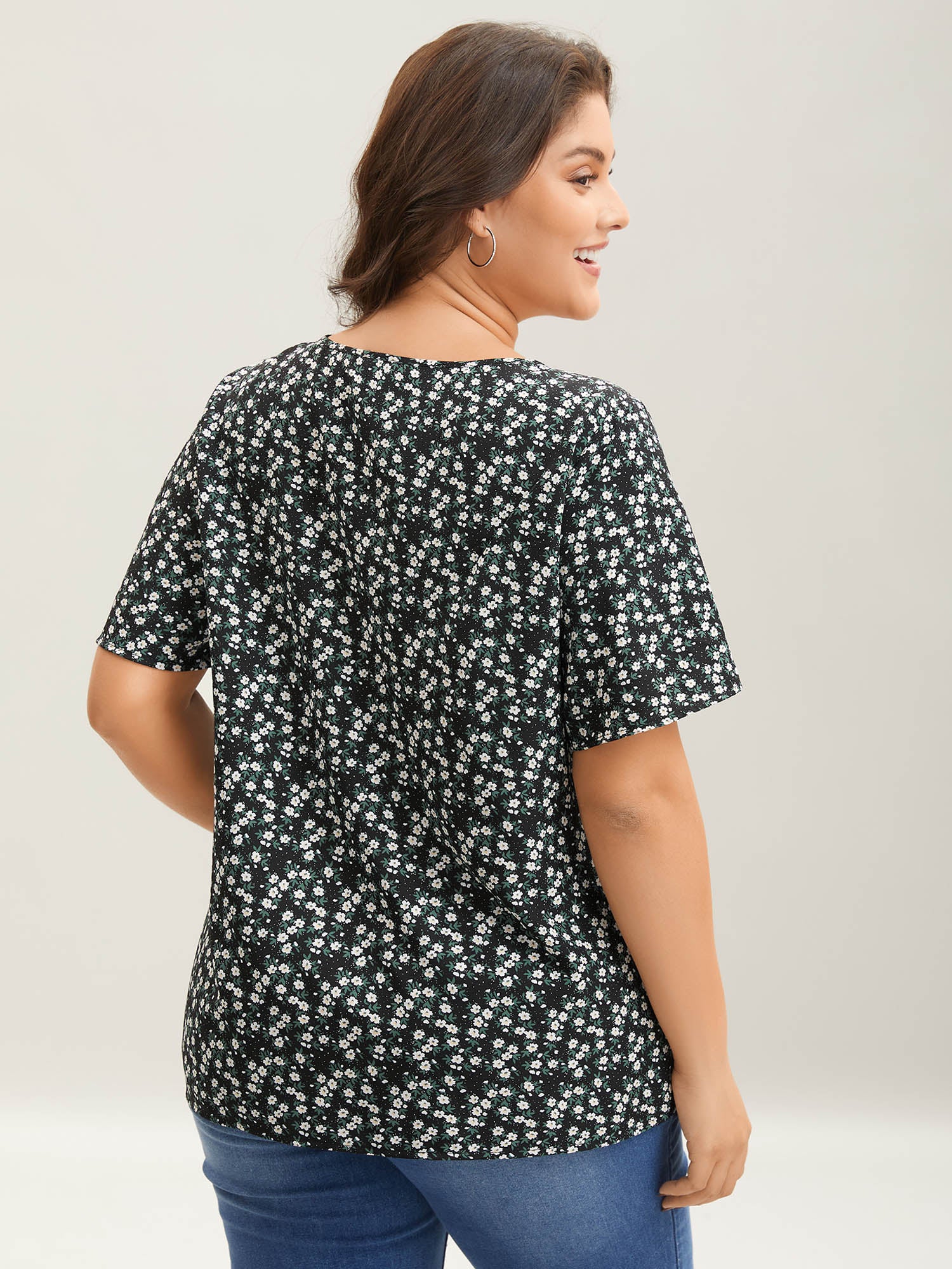 Floral Ruffle Sleeve Gathered Round Neck Blouse