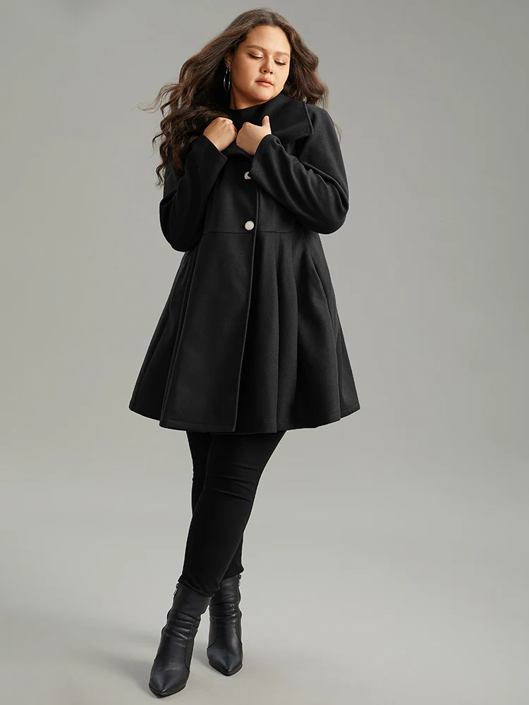 Plain Button Up Pocket Asymmetrical Lapel Collar Coat
