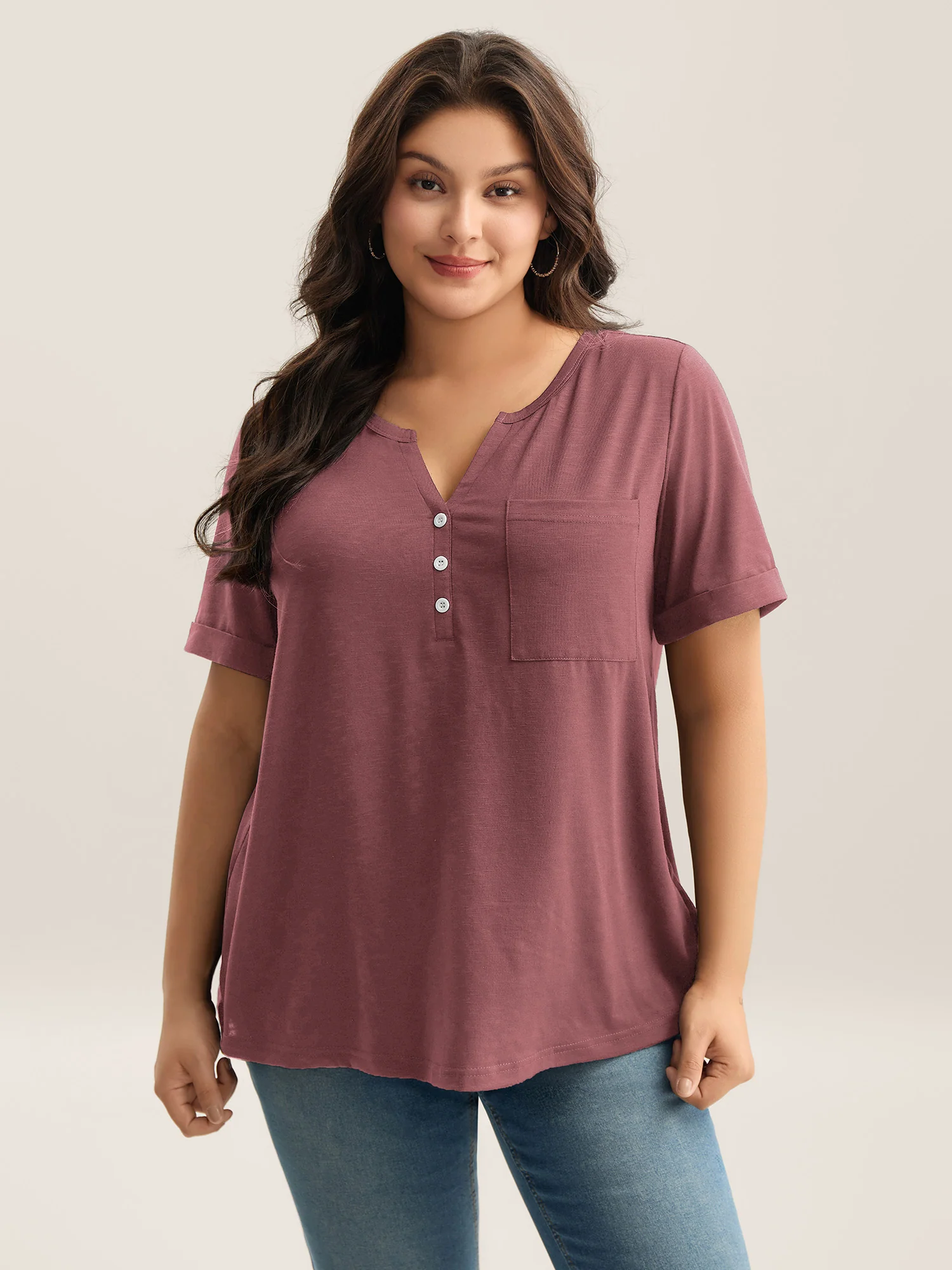 Solid Split Neck Button Detail T-Shirt