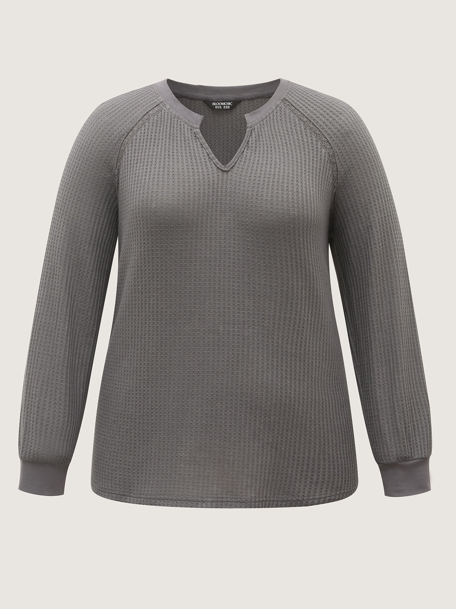 Waffle Grid Notched Collar Lace Sweatshirt