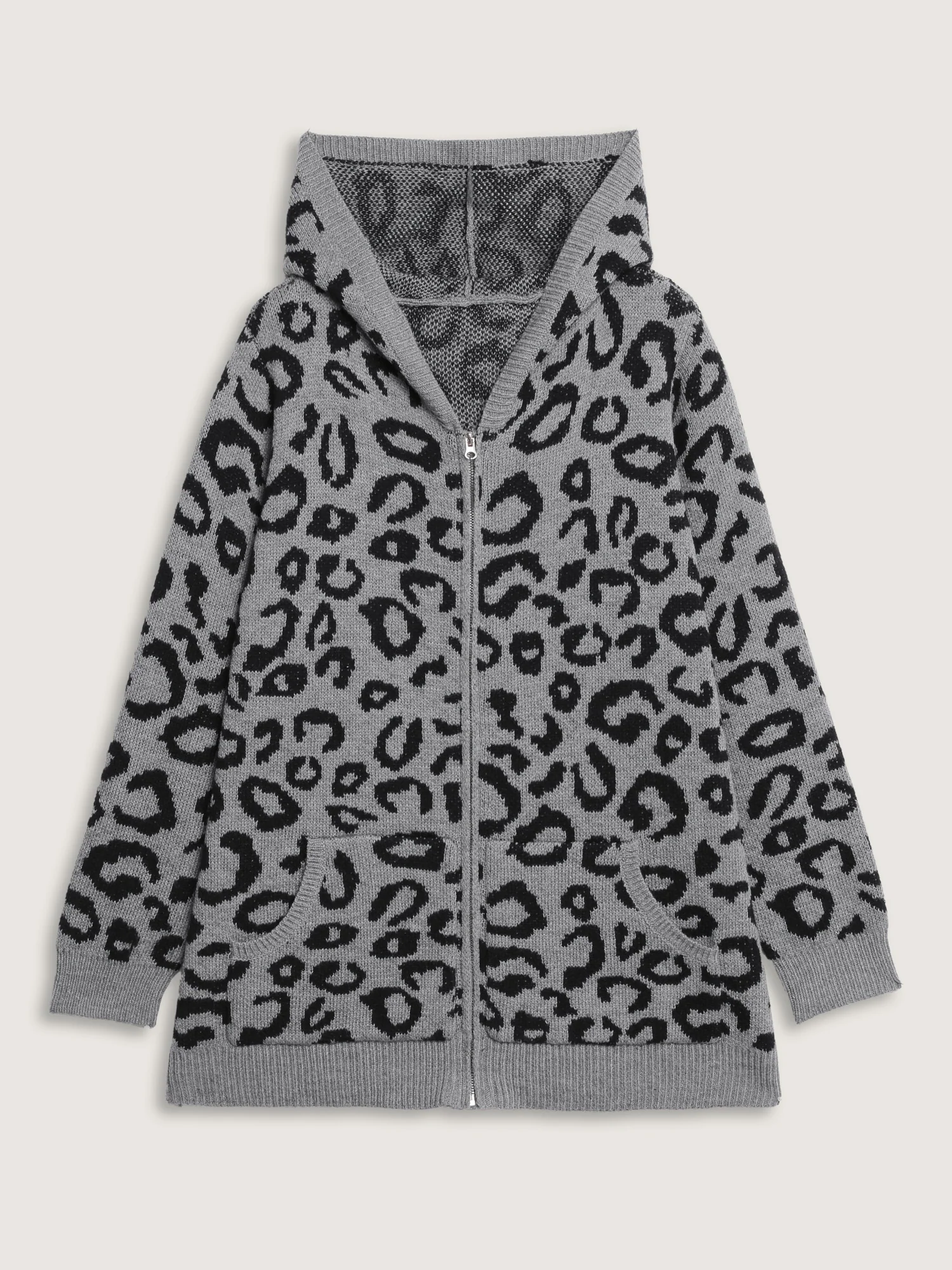 Leopard Print Jacquard Hooded Knit Cardigan
