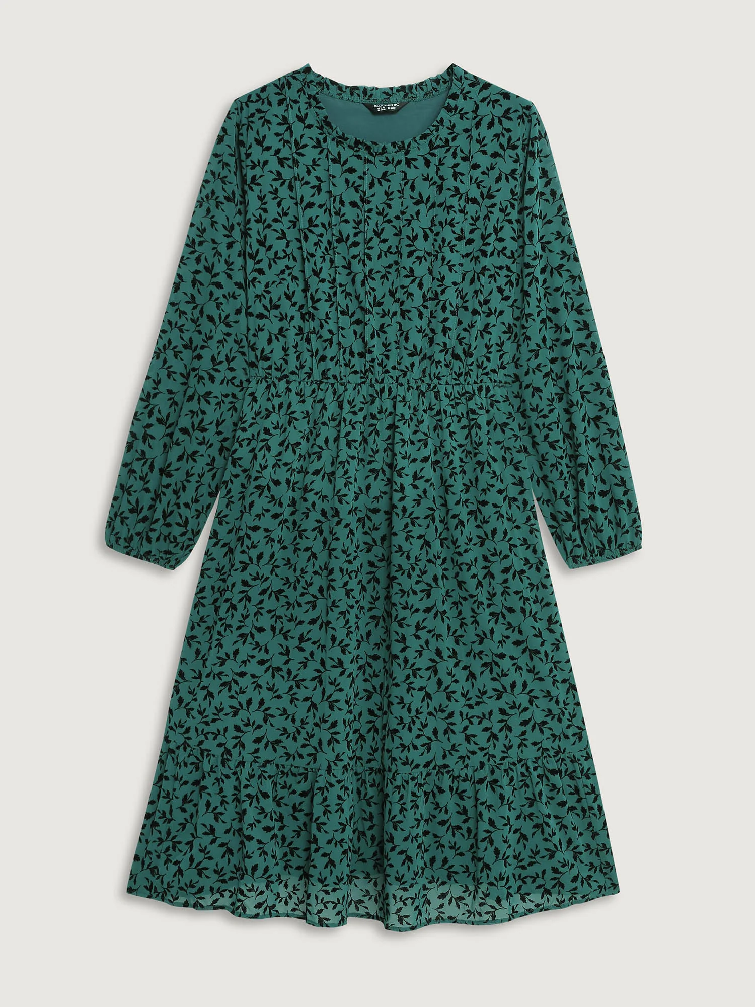 Flocked Floral Shirred Ruffled Neck Midi Dress