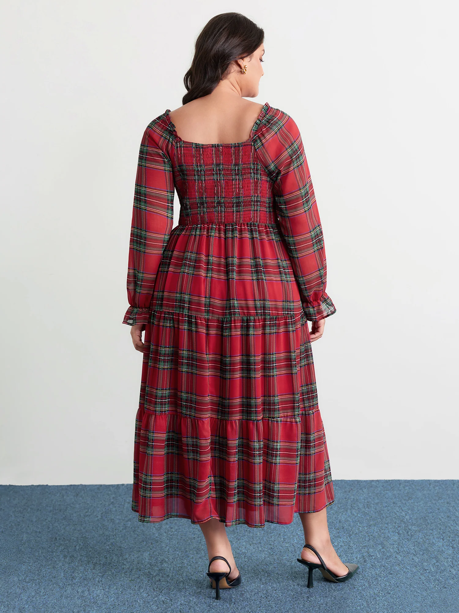 Holiday Plaid Shirred Bodice Maxi Dress