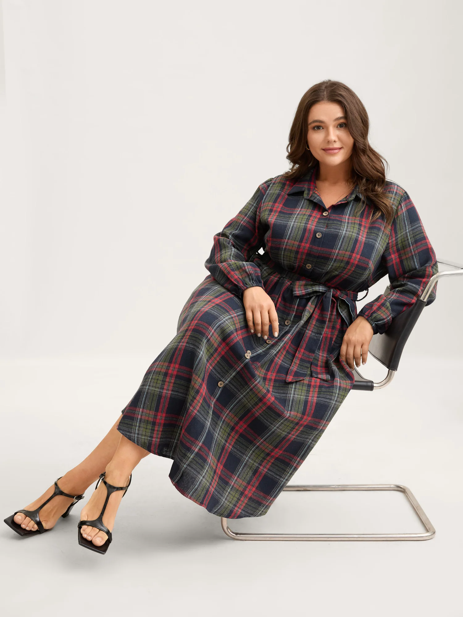 Plaid Button Detail Pocket Belted Arc Hem Dress