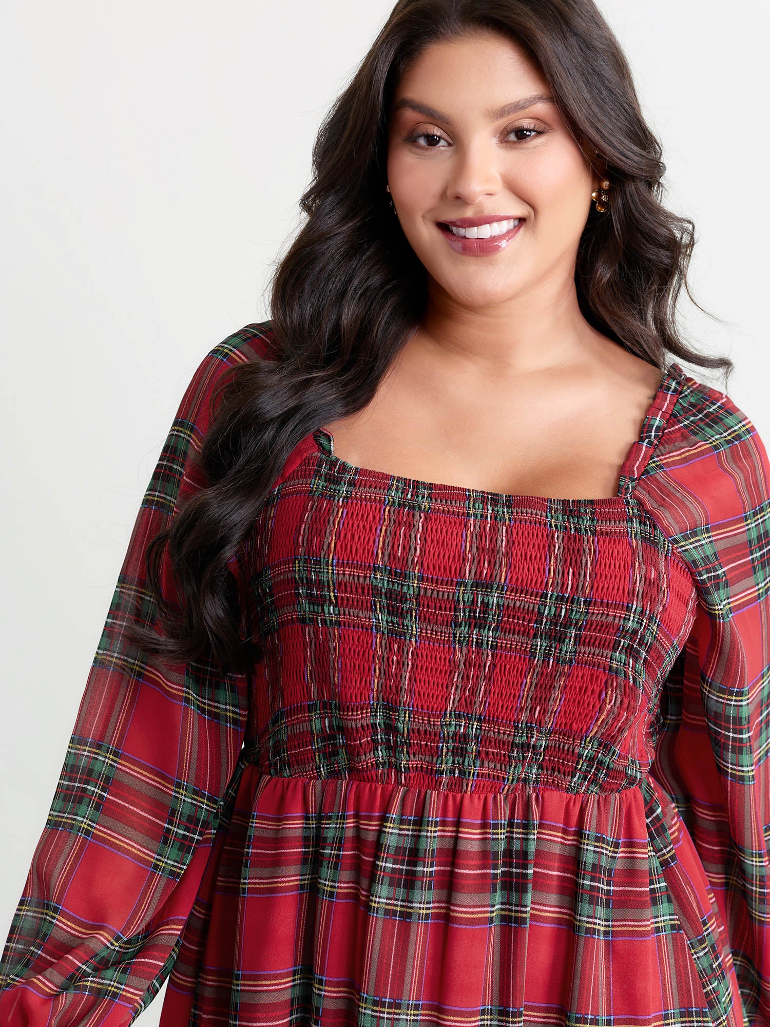Holiday Plaid Shirred Bodice Maxi Dress
