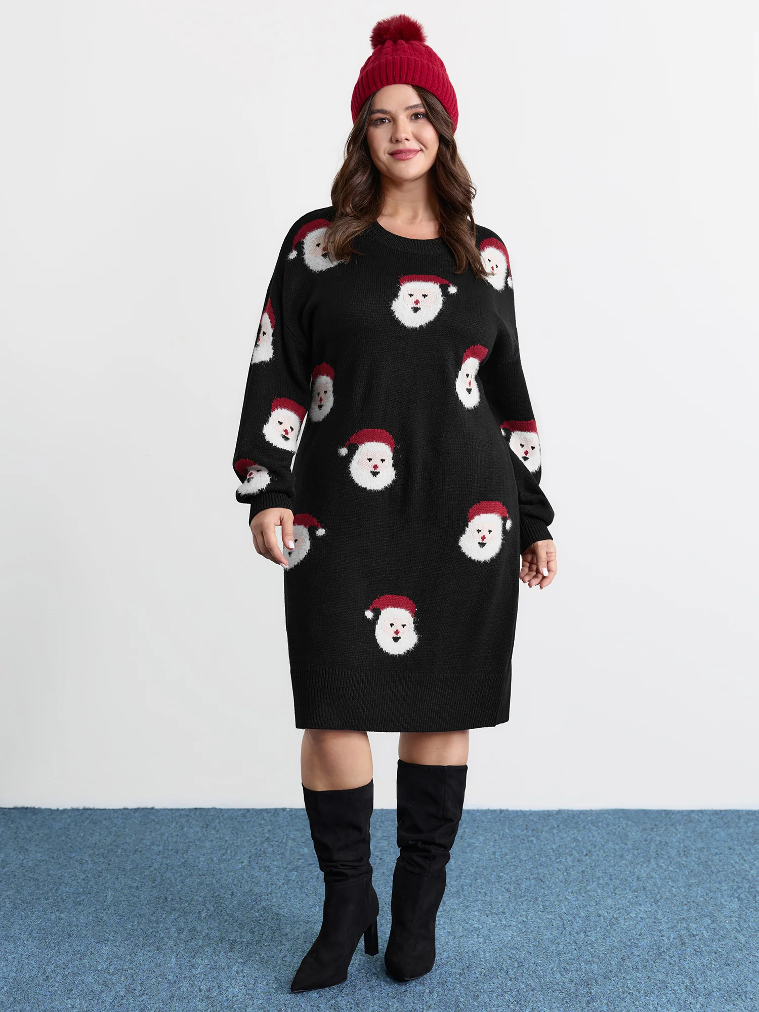 Santa Claus Print Embroidered Textured Sweater Dress