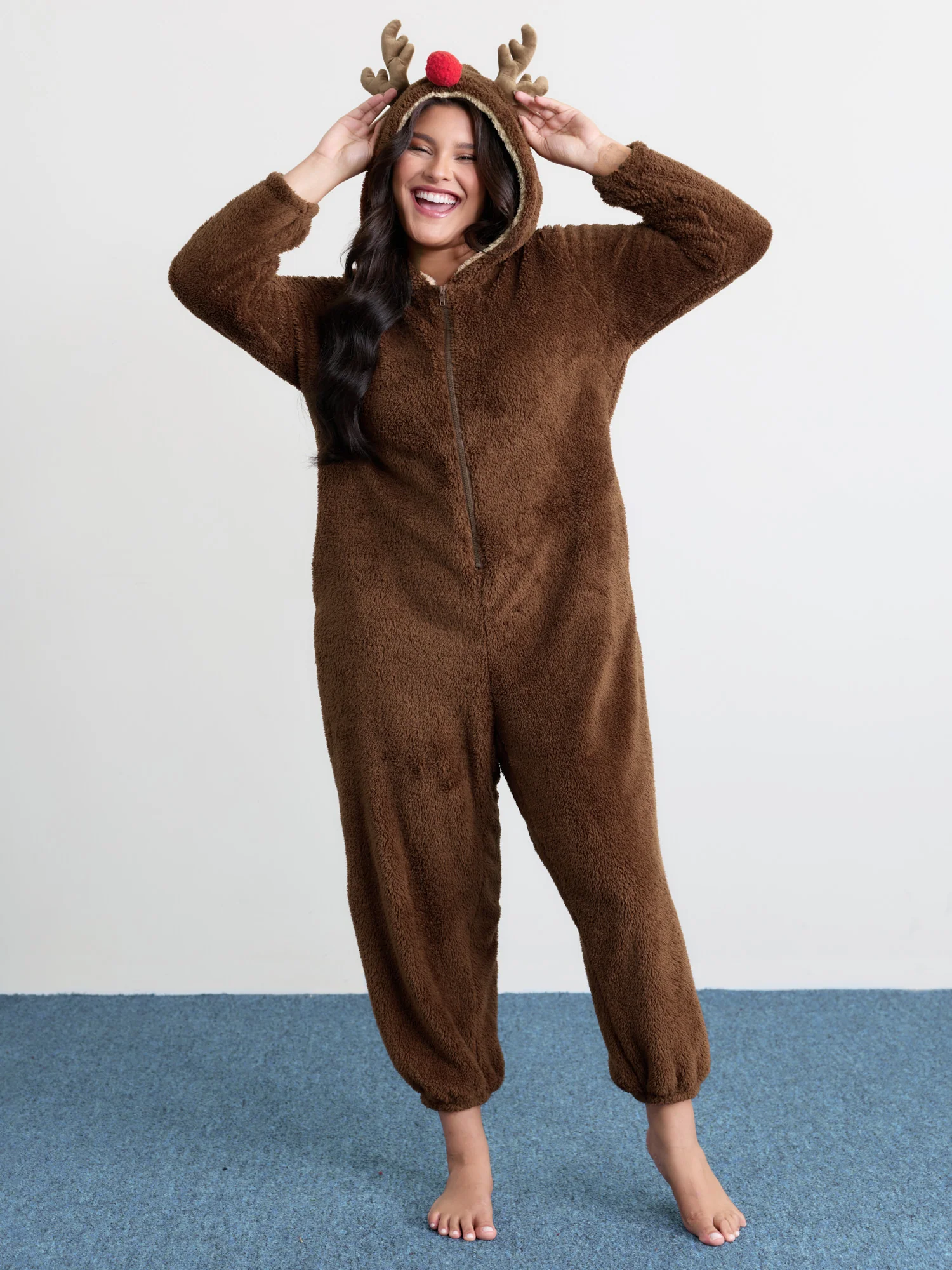 Supersoft Fluffy Reindeer Hoodie Sleep Jumpsuit