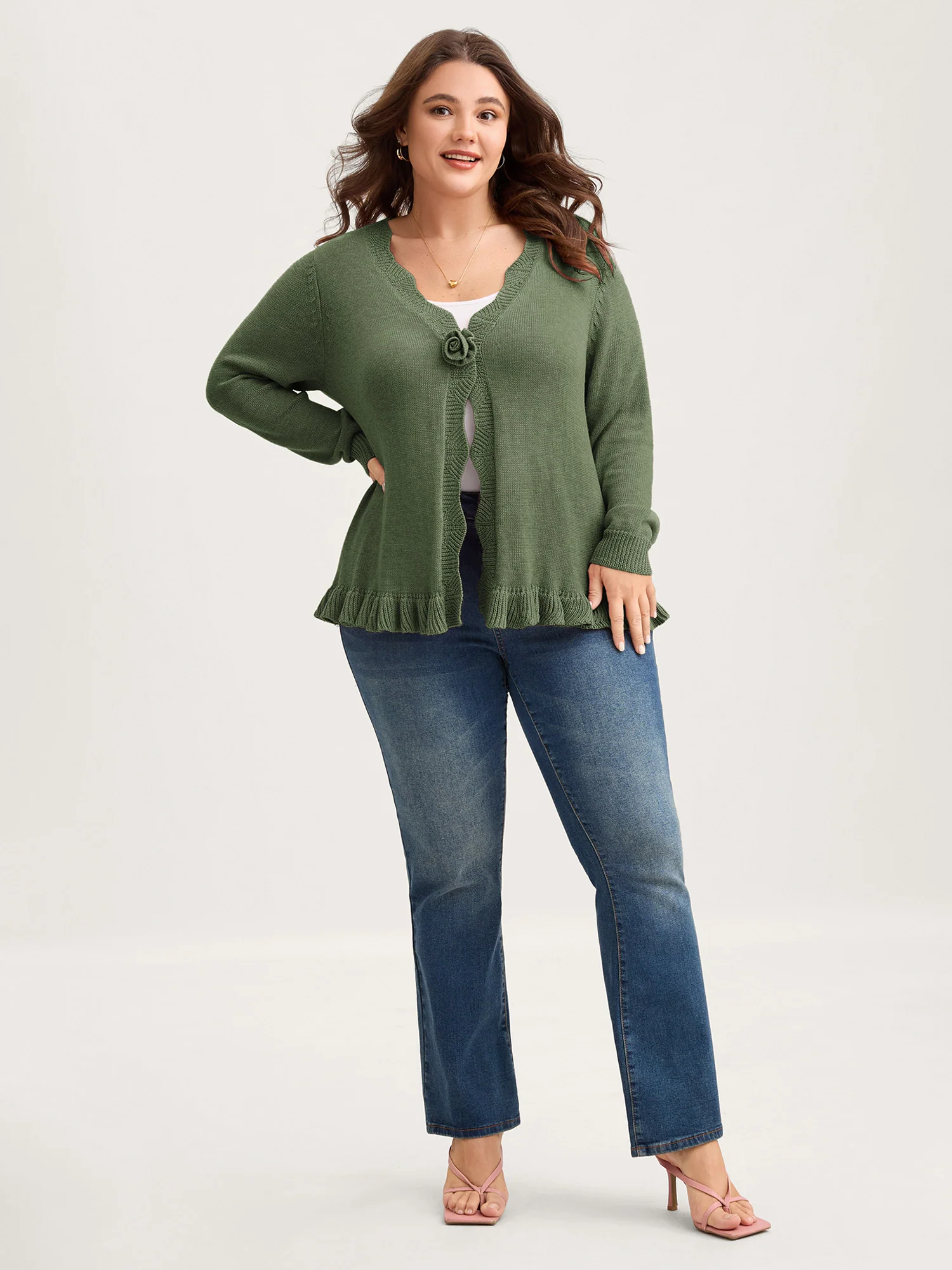 Supersoft Textured Floral Button Ruffled Hem Knit Cardigan