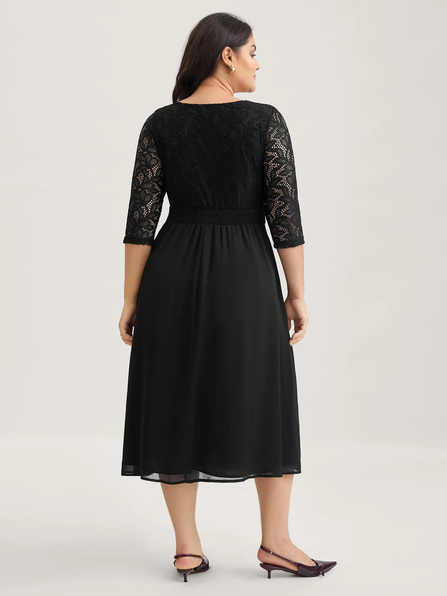 Lace Patchwork Shirred Midi Pocket Dress