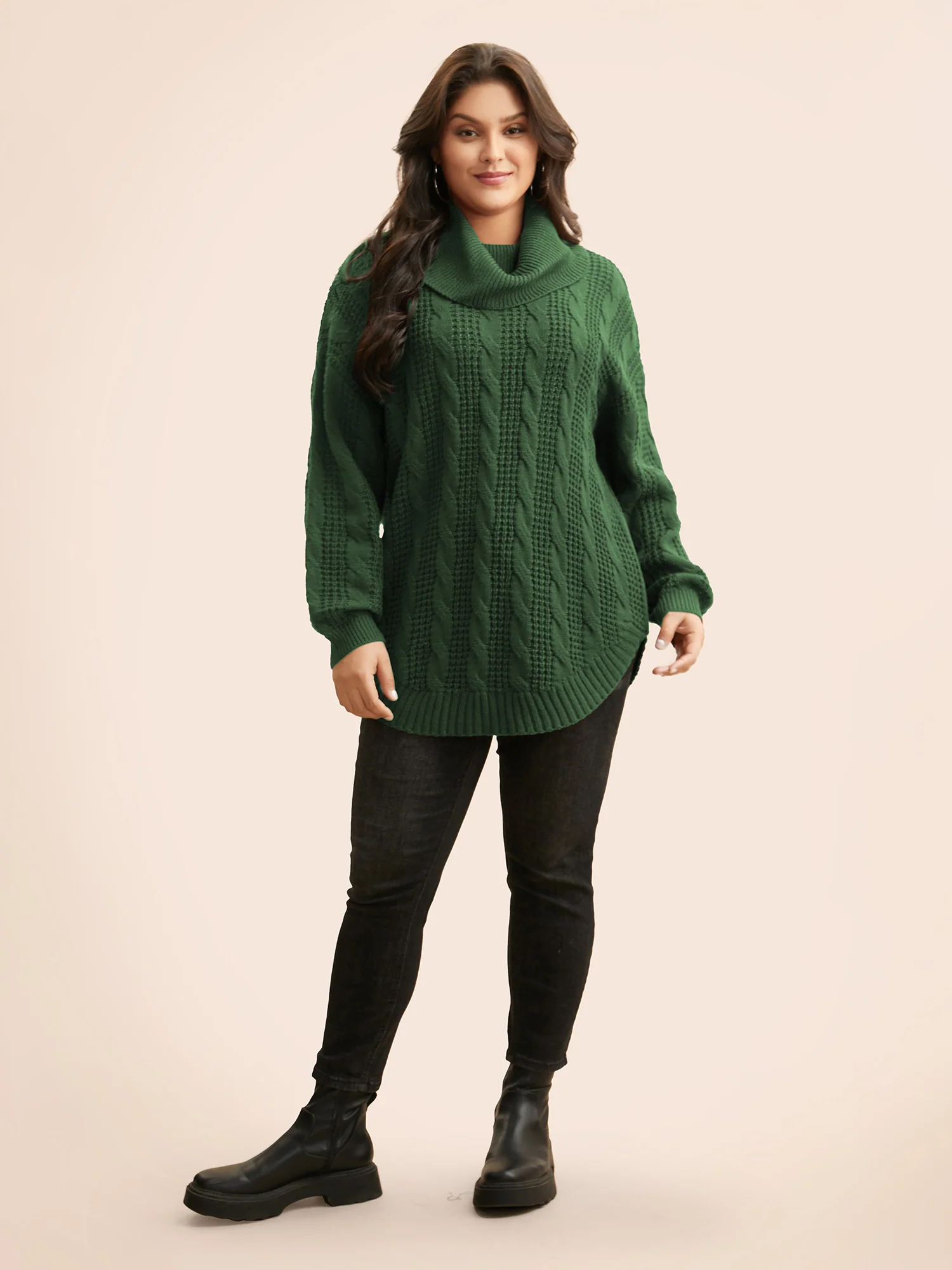 Turtleneck Cable Knit Curved Hem Pullover