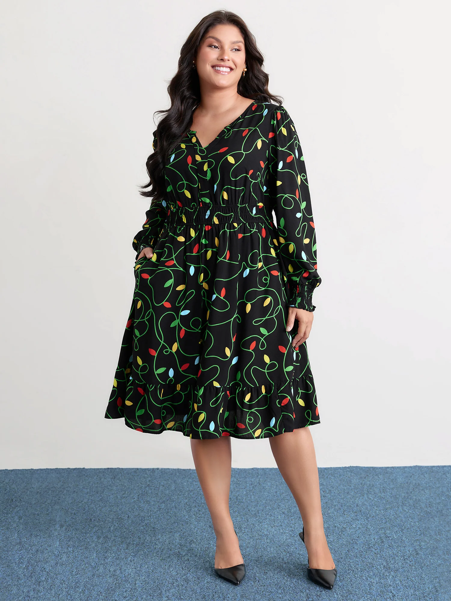 Holiday Lights Triple Elastic Waistband Midi Dress