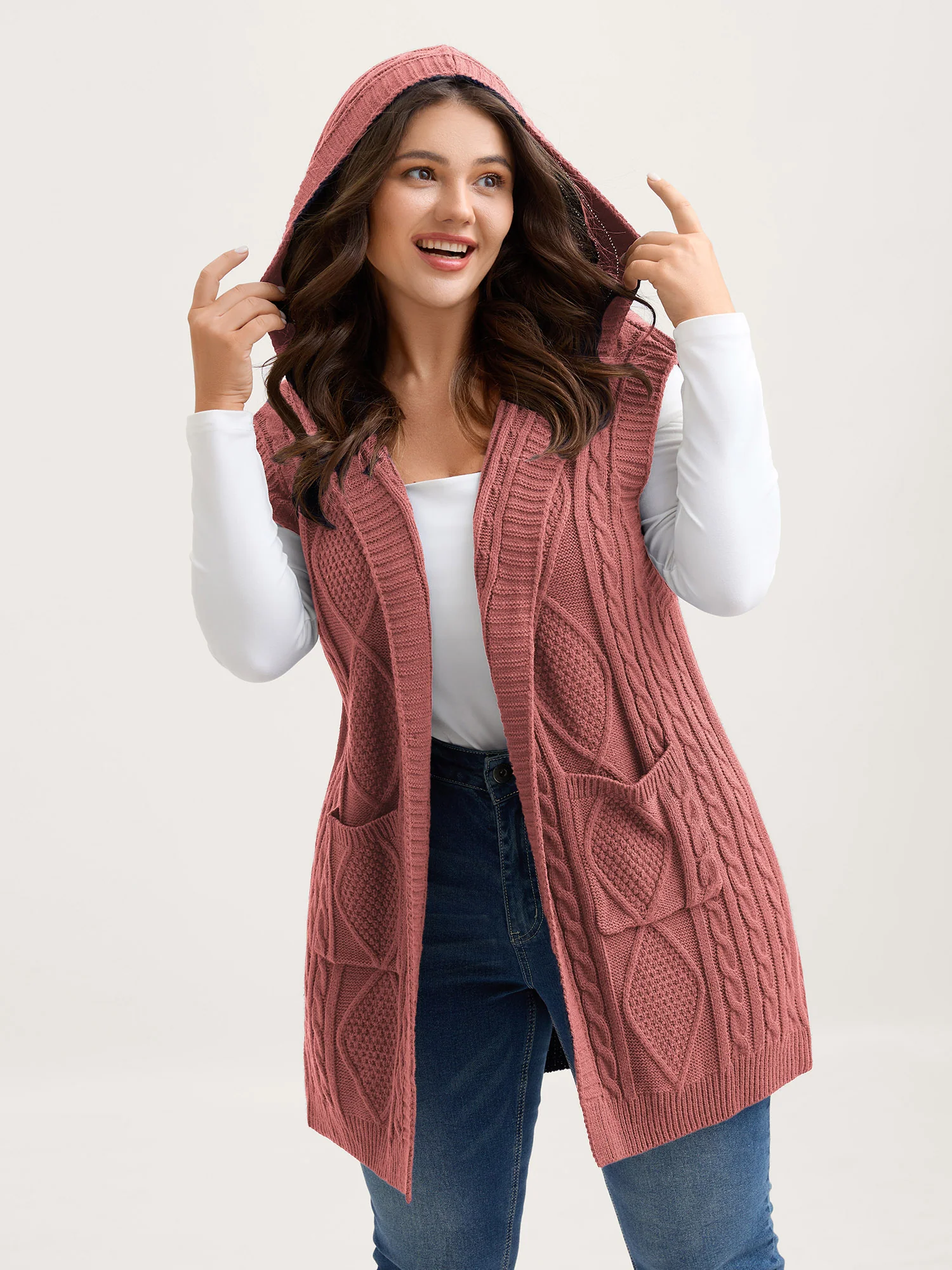 Twisted Hooded Sleeveless Knit Cardigan