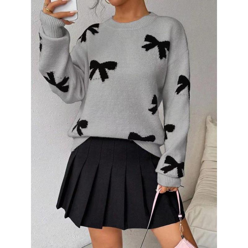 🔥Last day promotion⚡Fashion Bow Print Casual Loose Knitted Sweater Pullover Autumn/Winter Women Pullovers New O-Neck Full Sleeve Knit Sweater