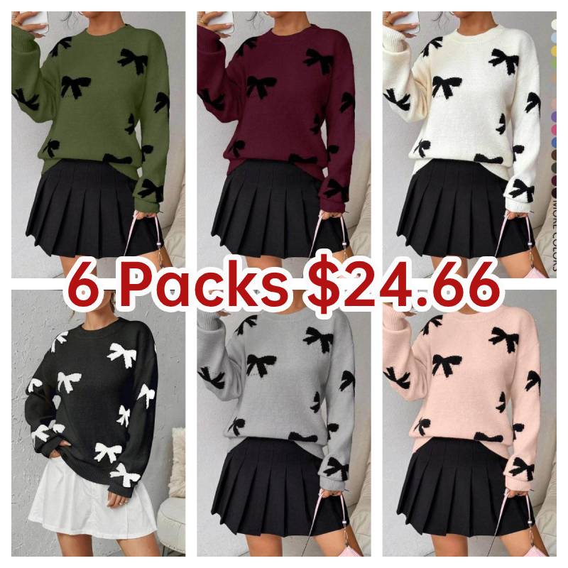 🔥Last day promotion⚡Fashion Bow Print Casual Loose Knitted Sweater Pullover Autumn/Winter Women Pullovers New O-Neck Full Sleeve Knit Sweater